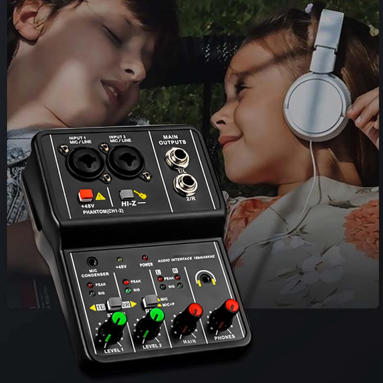2 Channels Audio Mixer, Sound Card USB 48V Phantom Power Compact Sound Mixing Console, USB Soundcard for PC Recording for Music Recording Home Karaoke Internet Karaoke image number 6