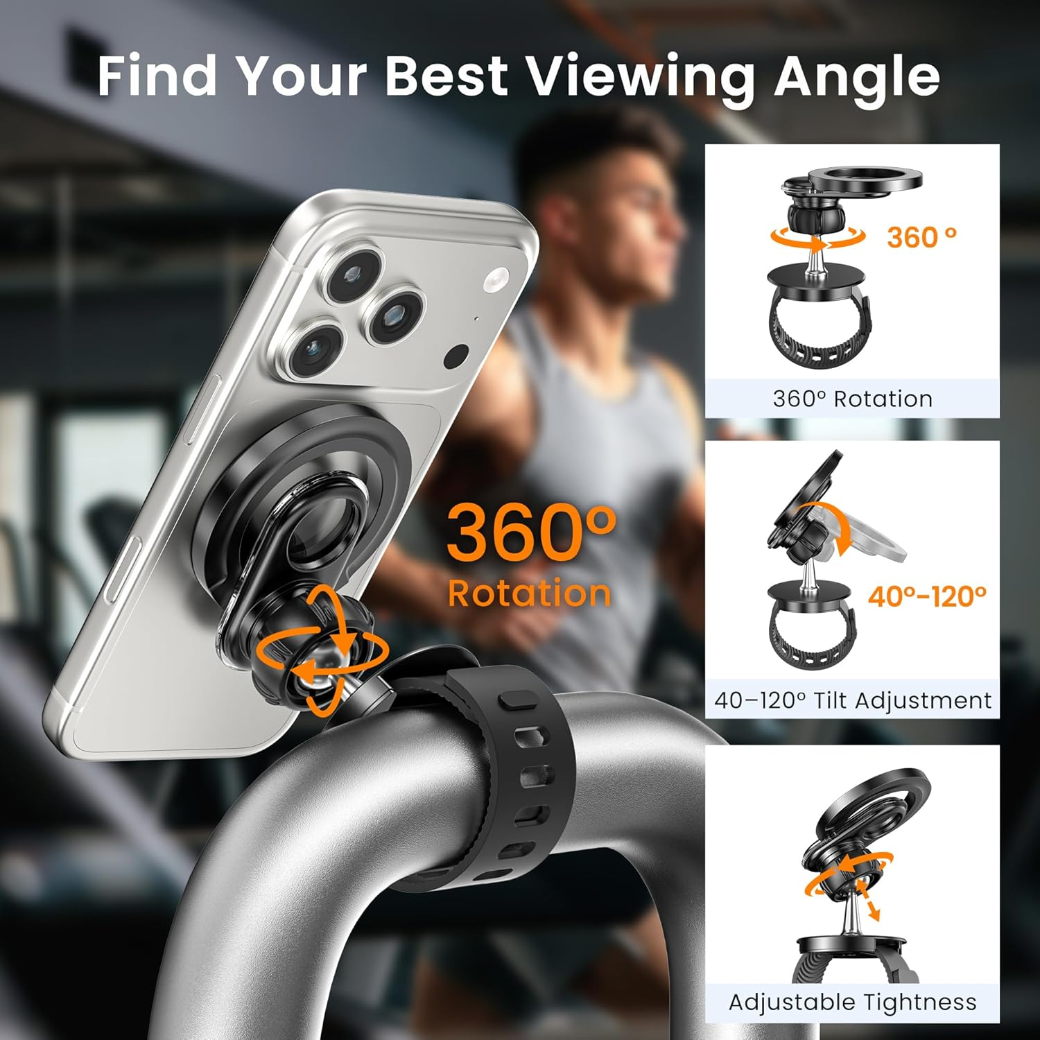 Itramax Stroller Phone Holder Mount,360&deg; Magnetic Phone Mount with Adjustable Strap,Gym Bike Handlebar Holder for Magsafe Iphone 17 16 15 14 13 12,Smartphones,Peloton,Treadmill,Pram,Shopping Golf Cart image number 3