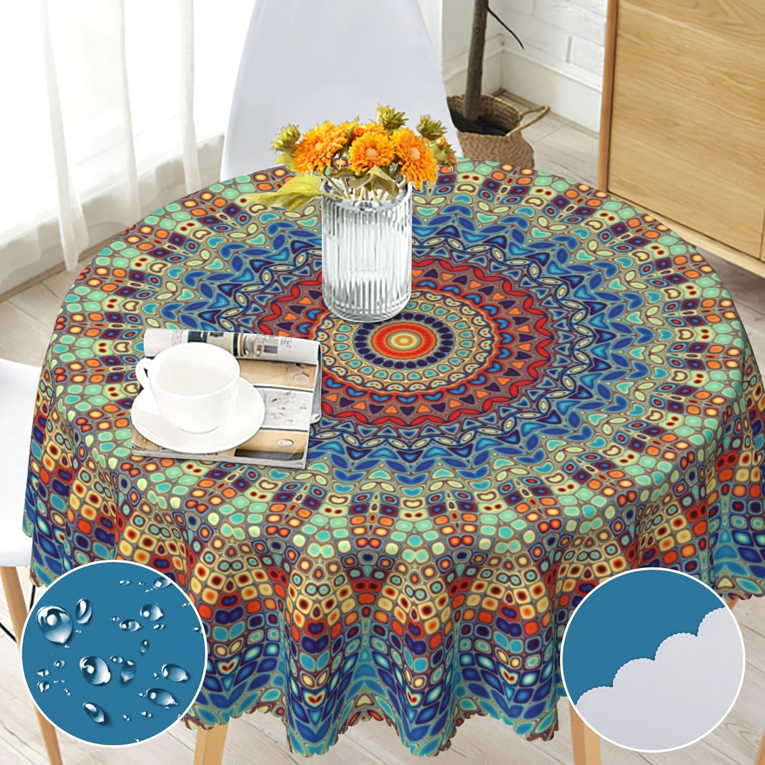 Round Tablecloth 60 Inch, Floral round Table Cloth, Stain Resistance, Water Repellent and Wrinkle-Free, Colorful Flower Circle Tablecloth for Home Kitchen Dining Party Patio Indoor and Outdoor Use