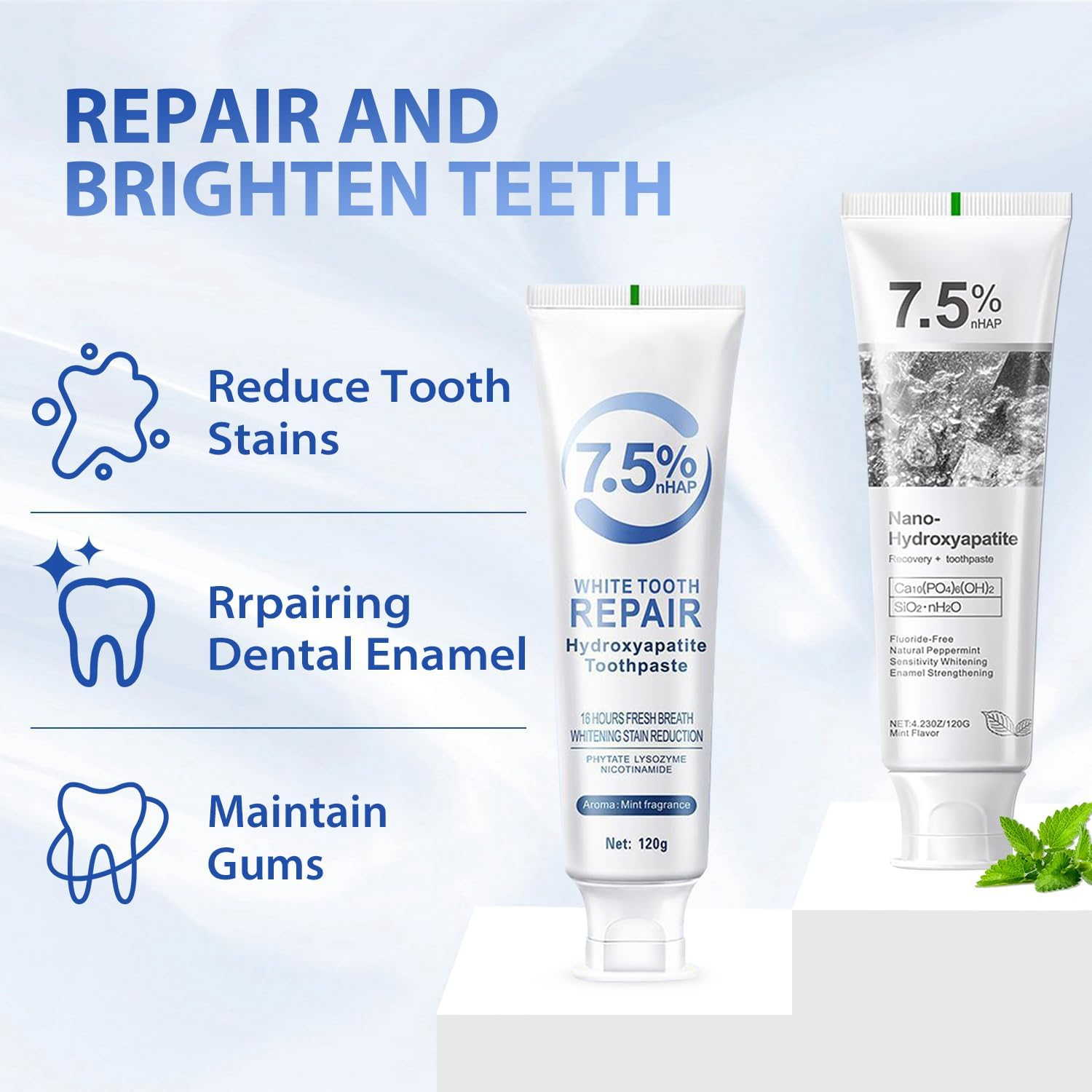 2Pcs Hydroxyapatite Toothpaste, 7.5% Nano Hydroxyapatite Toothpastes, Fluoride Free, Tooth Strengthening, Enamel Protection, Mild and Refreshing, Suitable for Sensitive Teeth, 4.23Oz, Blue and Gray image number 2