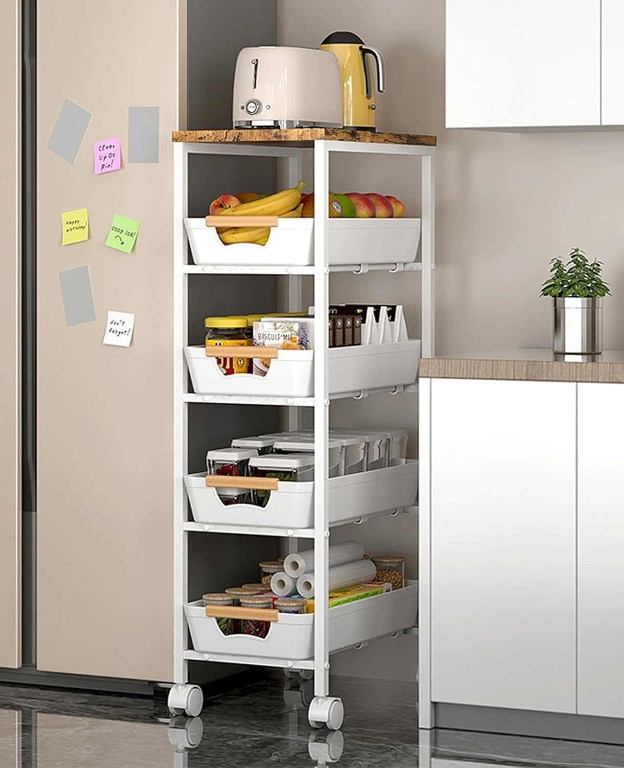 5-Tier Kitchen Storage Cart, Narrow Rolling Storage Cart with Wooden Top, Versatile Mobile Shelving Unit Trolley, Metal Utility Carts with Pull-Out Drawer for Pantry, Bathroom, Kitchen, Office (White) image number 4