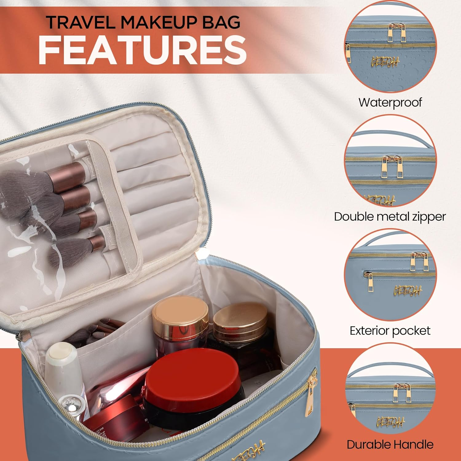 Leesh & CO Makeup Bag - Large Travel Cosmetic Organizer with Brush Holders for Women - Eco-Friendly Vegan Leather, Waterproof & Durable Cosmetics Bag - Perfect for Toiletries, Beauty Products (Blue) image number 2