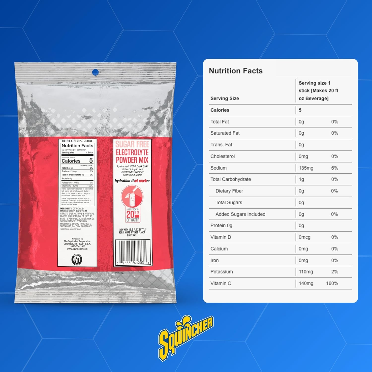 Sqwincher Zero Qwik Stik - Sugar Free Electrolyte Powdered Beverage Mix, Fruit Punch 060102-FP (Pack of 50)