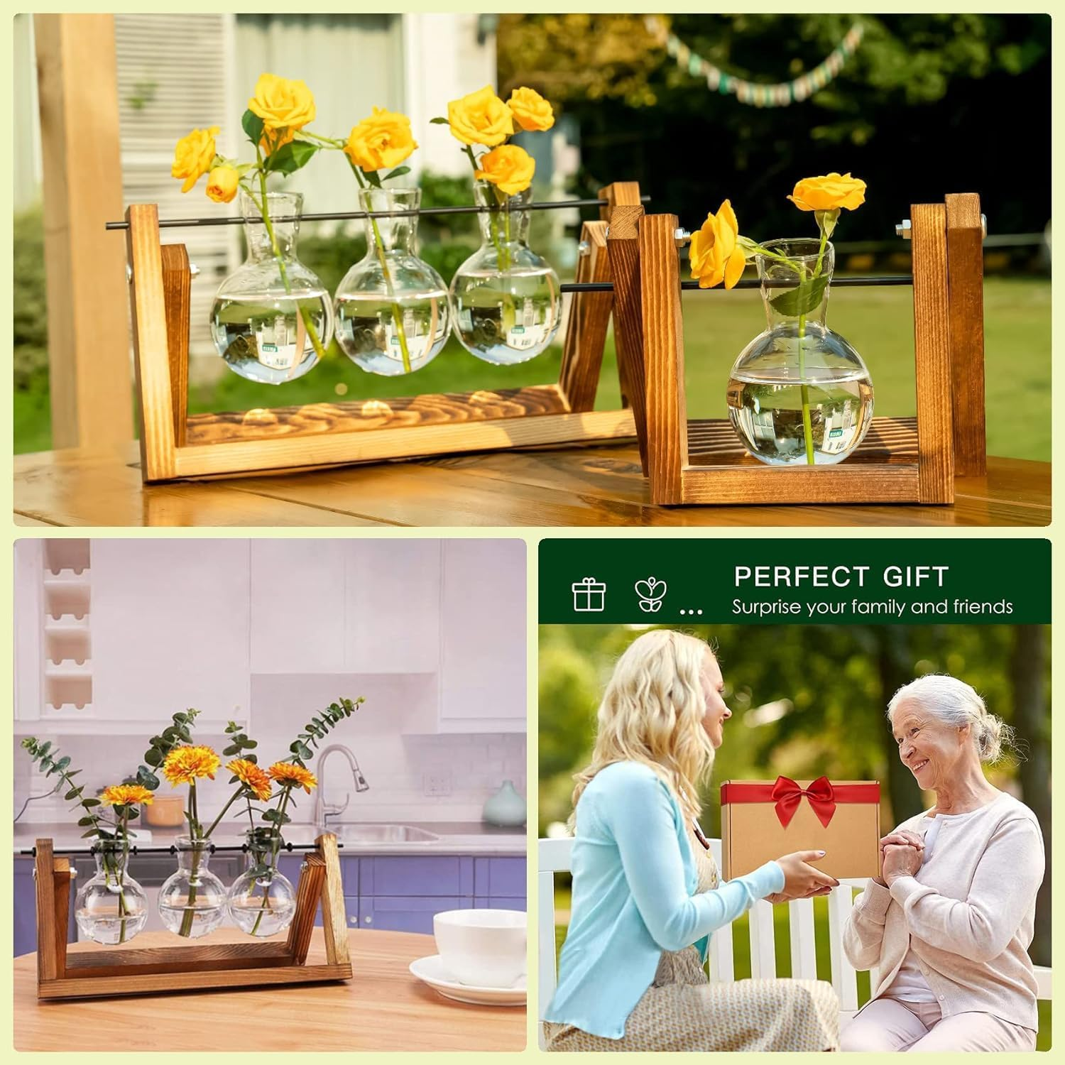 Cozioz Retro Wooden Stand Plant Propagation Station with 3 Glass Vases &ndash; Desktop Terrarium Planter for Hydroponics, Ideal for Indoor Office, Home Decor, and Gifts for Plant Lovers image number 6