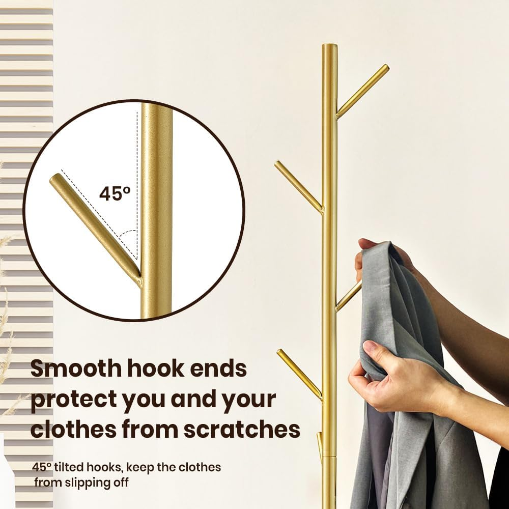 Furb Free Standing Metal Coat Rack, Gold Clothes Jacket Hat Bag Hanger Stand, Heavy Duty Marble Base, 167Cm Tall, 7 Hooks image number 6