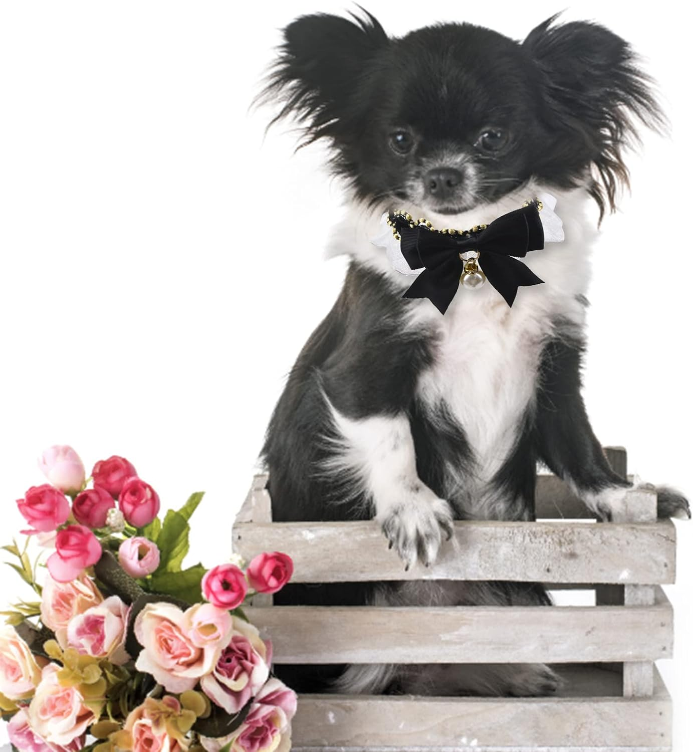 HACRAHO Pet Lace Collar, 2 Pieces Adjustable with Cute Pearl Pendant Elastic Black White Lovely Lace Collar for Cat Dog image number 1