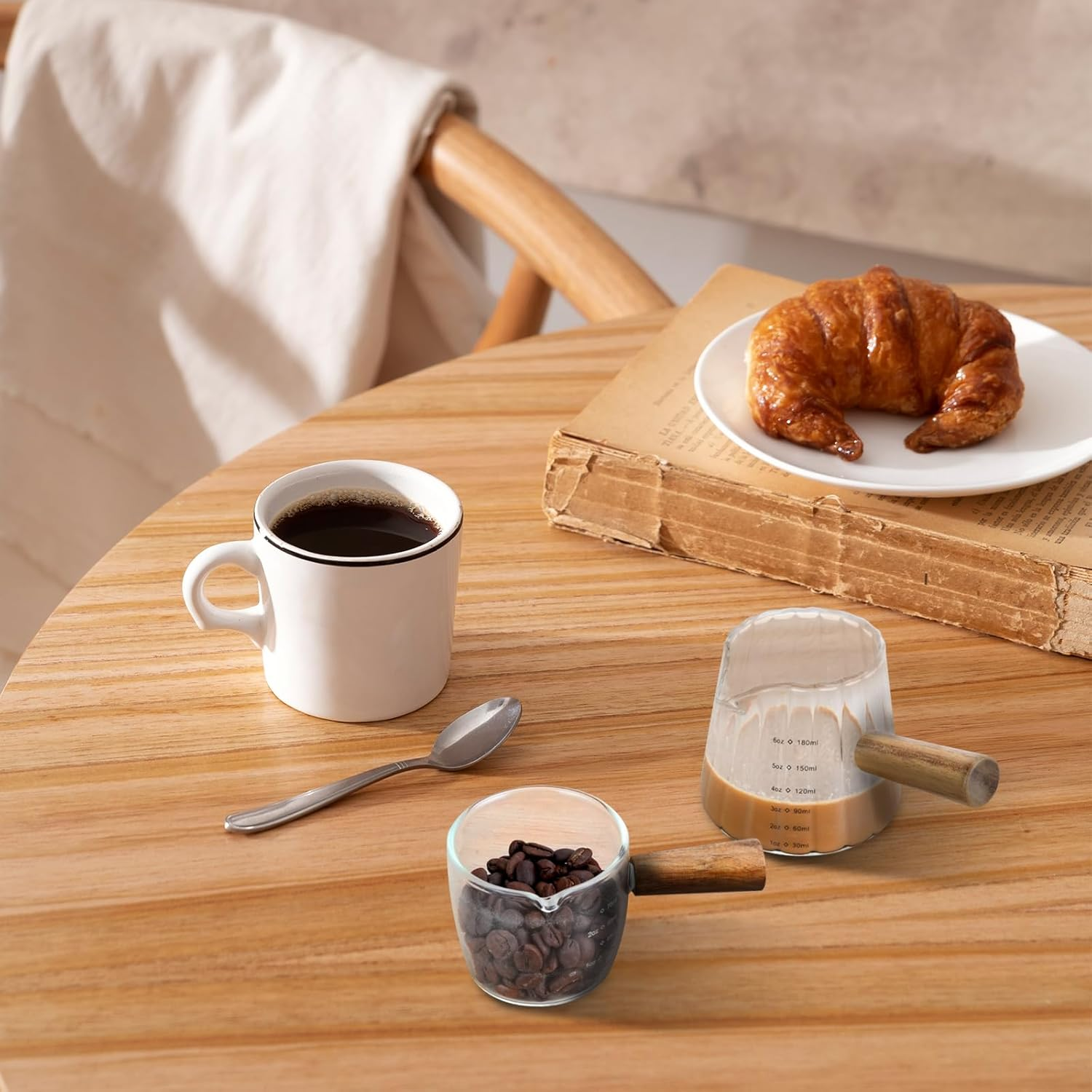 2 PCS Espresso Shot Glass with Coffee Measuring Spoons, Single Spout Glass Measuring Cup, Wood Handle, Dual Scale, Accessories for Coffee Milk (6Oz, 2.5Oz) image number 5