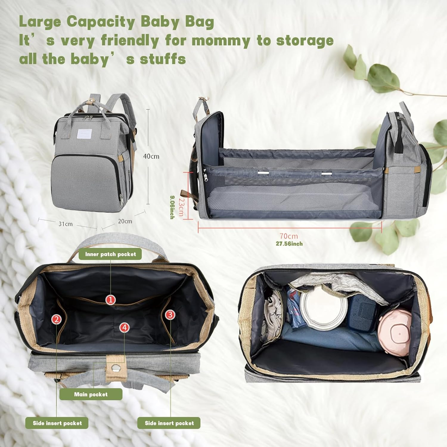 Nappy Bag - Baby Diaper Bag with Changing Pad, USB Charging, Mosquito Net, Sunshade, 35L Large Waterproof Diaper Backpack for Mom Dad image number 2