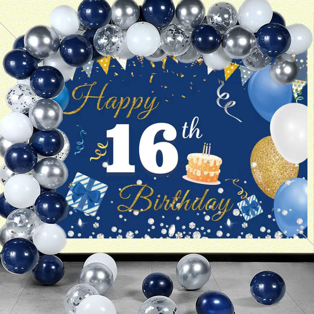Tecreo 16Th Birthday Decorations Happy 16Th Birthday Backdrop Banner for Boys/Girls Happy 16 Years Old Fabric Sign Poster, Blue, 59"X35.4"