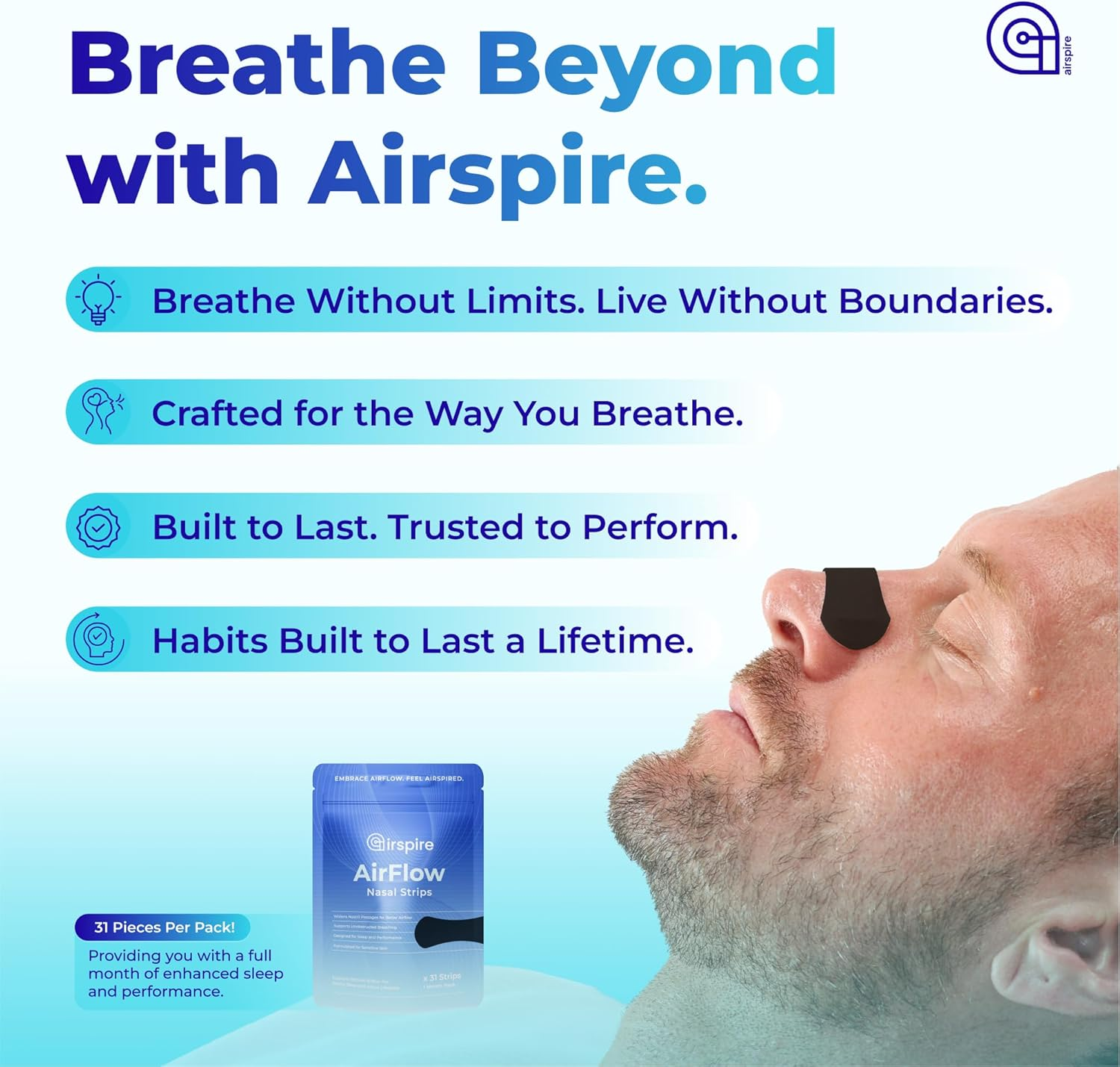 Airspire Airflow Nasal Strips - 31-Pack | Nose Strips for Sleeping & Active Lifestyles | Improve Airflow with Extra-Strength Adhesive & Contoured Design | 100% Hypoallergenic Snoring Relief & Congestion Support | Black | image number 2