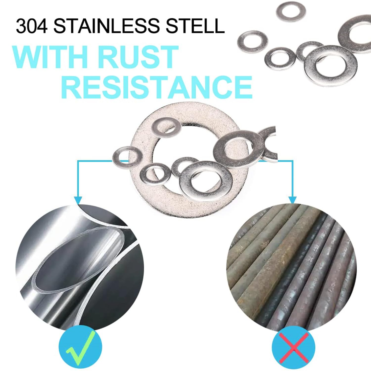 MEZOKUCEL 580PC 304 Stainless Steel Flat Washer, 9 Size Washers Assortment Kit (M2 M2.5 M3 M4 M5 M6 M8 M10 M12) for General Manufacturing, Maintenance and Repair (580PC) image number 1