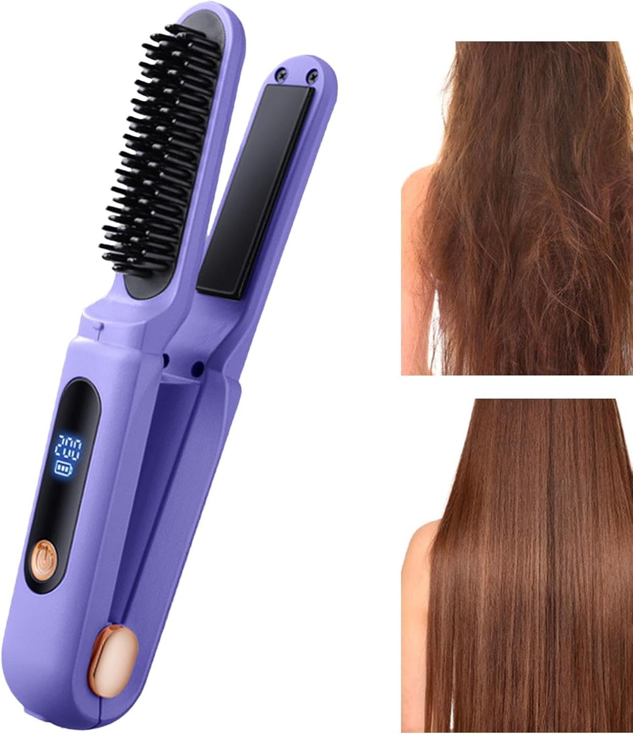 Hair Straightener Brush Cordless | Travel Flat Iron for Hair | Portable Straightening Brush for Women, Negative Ion Straightener Comb, 2-In-1 Curling Iron Brush