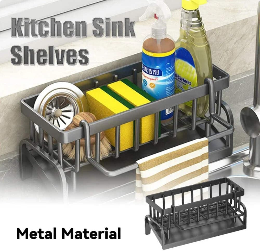 Carbon Steel Kitchen Sink Organizer with Self-Draining Drainage Tray, Sponge Holder, Towel & Mop Holder, Black Kitchen Organizer with Hook, Super Kitchen & Bathroom Accessories image number 3