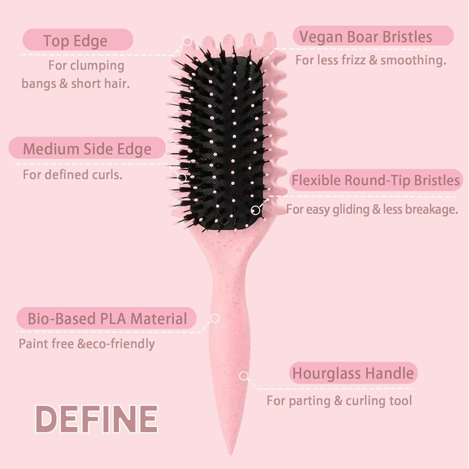 Curl Defining Brush, Curl Define Styling Brush, Hair Brush for Combing and Shaping Men'S and Women'S Curls to Reduce Pulling, Nylon Bristles, Curl Enhancing, Unisex (Pink, 24 Cm) image number 5