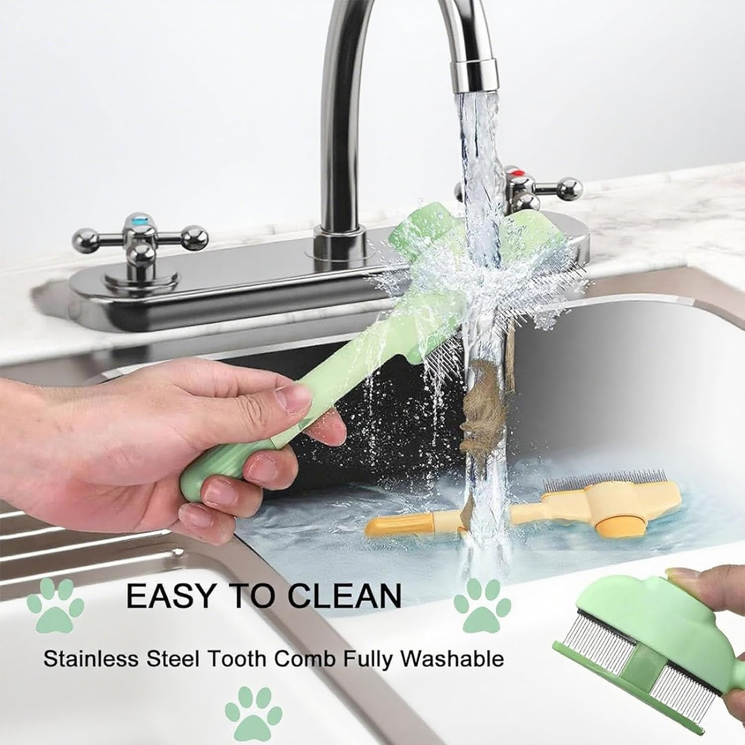 Cat Comb, Green, Self-Cleaning Flea Comb for Cats and Dogs, Cat Brush with Release Button, Self-Cleaning Grooming Brush, Fur Flash Brush, Dog Brush, Pet Brush for Long Short Hair Care - Green image number 3