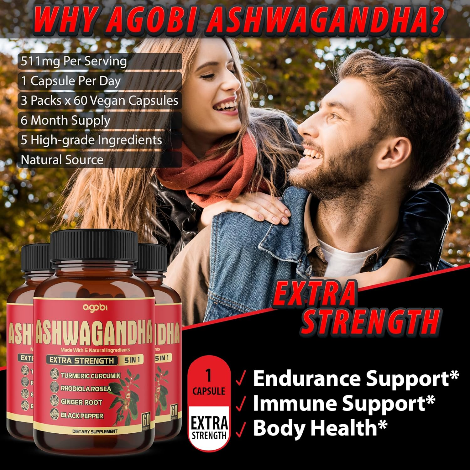 3 Packs 60 Capsules for 6-Month Supply - 5 in 1 Organic Ashwagandha Supplements 5200Mg - Combined with Turmeric, Ginger, Black Pepper & Rhodiola - Support Restful Mood, Strength & Energy Production image number 5