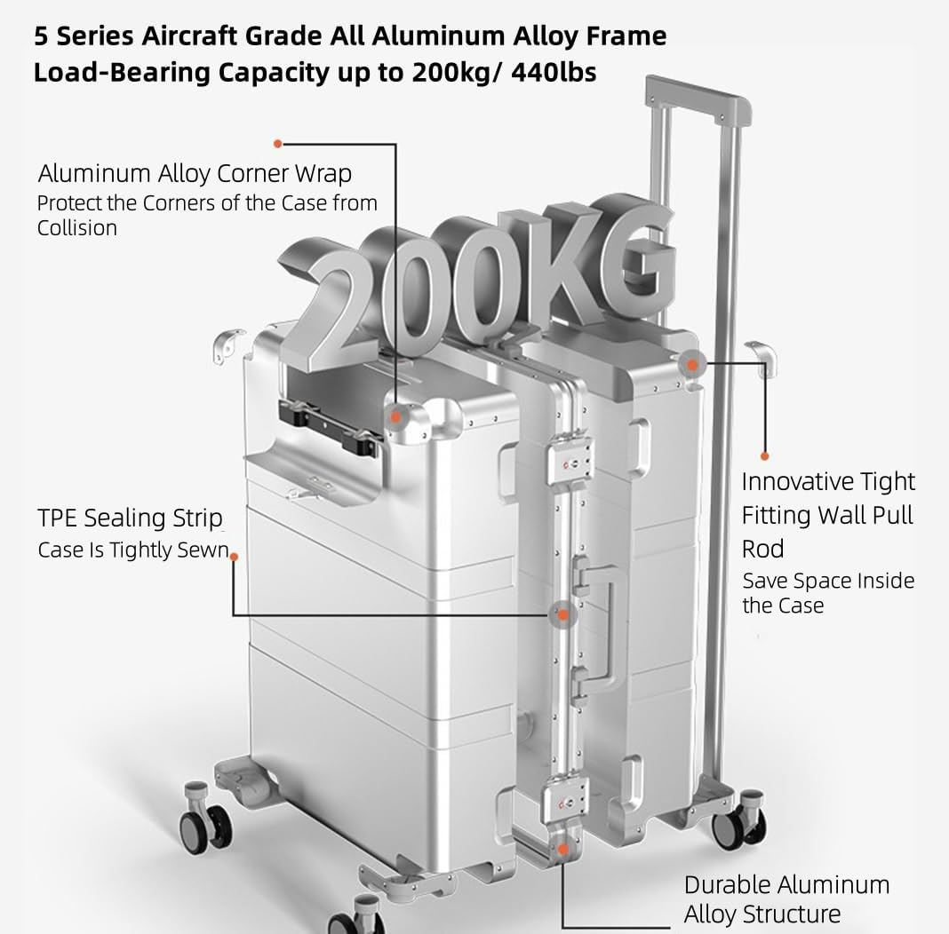 All Aluminum Magnesium Hardside Carry on Luggage with Wheels, Zipperless Hardshell Checked Luggage with Lock, Airline Approved Suitcase Metal Rolling Luggage for Travel, Business (Silver, 20 Inch) image number 3