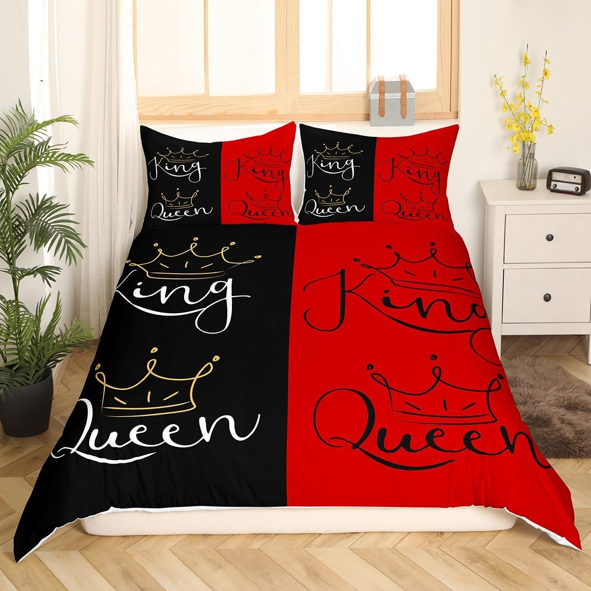 Crown Queen King Duvet Cover Set L Size, Couple Lovers Bedding Set, Teens Women Men Room Decor, Red and Black Comforter Cover, Valentine'S Day, Wedding Theme Quilt Cover, 2 Pillowcases image number 3