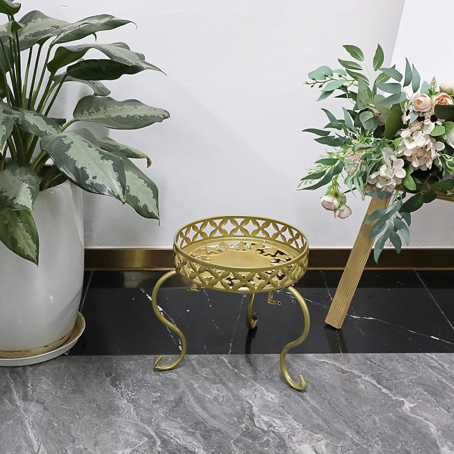 Ownmy Metal round Plant Stand Indoor Outdoor Flower Pot Holder, Heavy Duty Iron Plant Stand Display Potted Rack for Home, Garden, Patio, Golden Color - Black image number 5