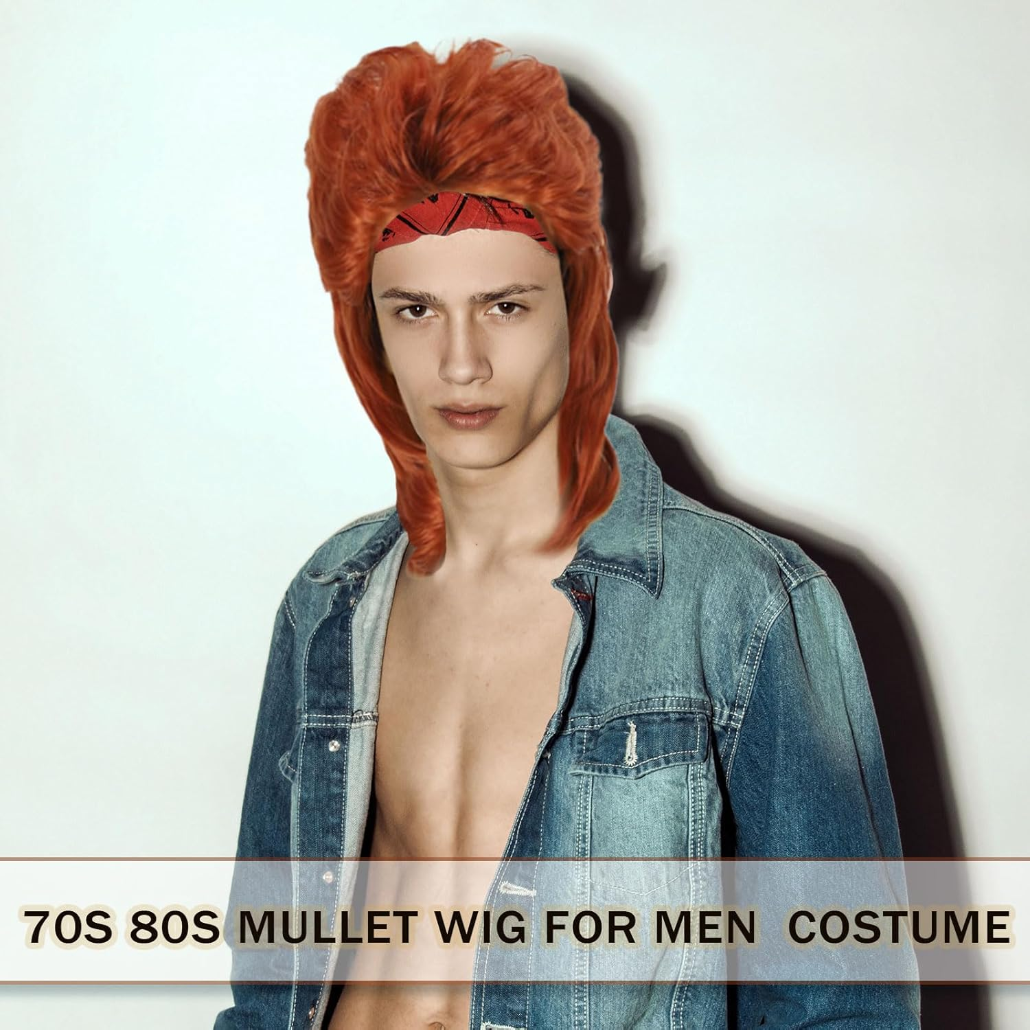 FOUNSHO Red Mullet Wig for Men, Men'S Long Curly Wig, 70S Rocker Fancy Dress Wigs for Adult, Men'S 80S 90S Wigs for Pop Rock Star Costumes Carnival Halloween Party (Red) image number 4