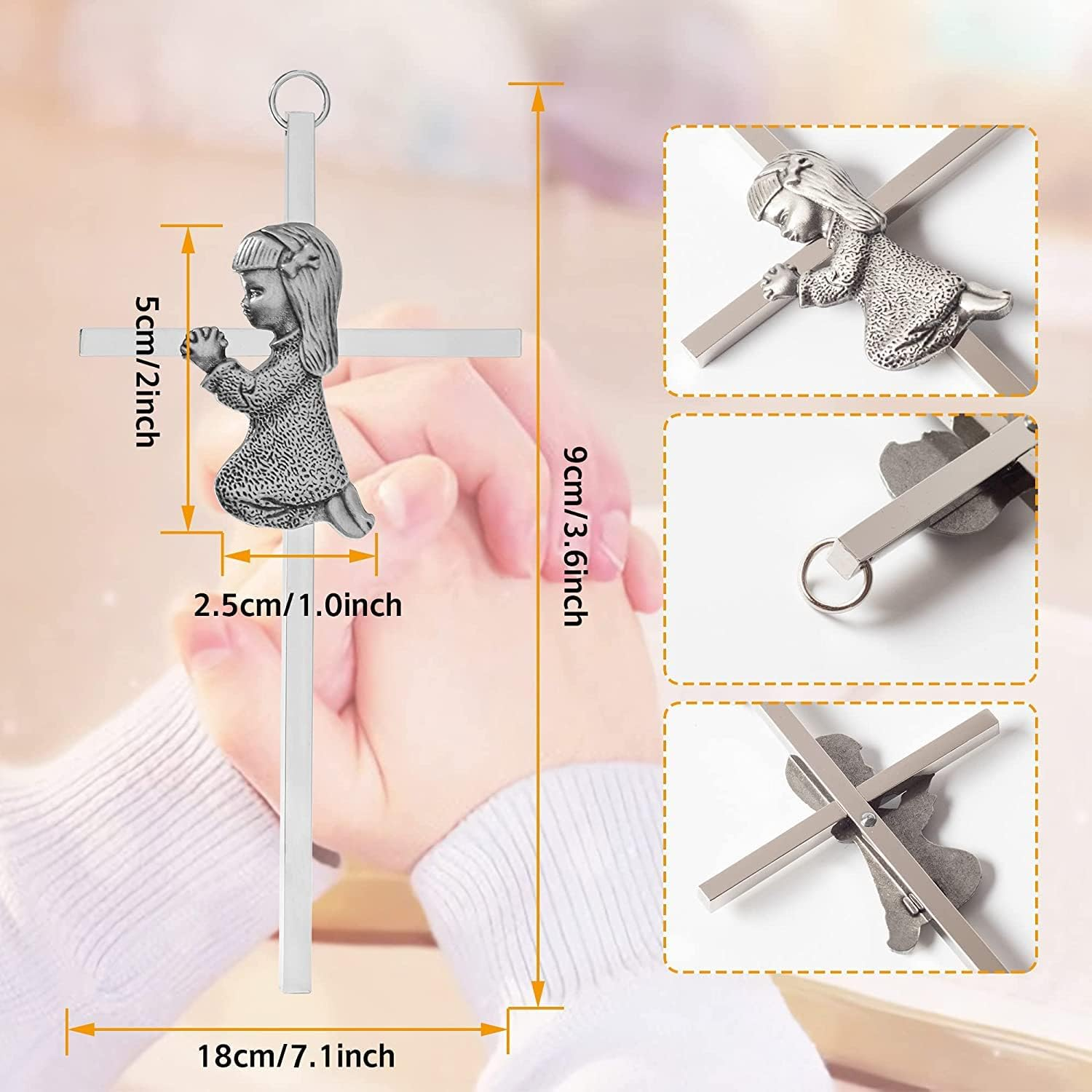 Silver Girl Wall Cross, Blessing Baby Metal Cross, Praying Girl Plaque Wall Decor Cross, Great for Baptism, Perfect for First Holy Communion, Baby Shower, Birthday and Christening image number 4