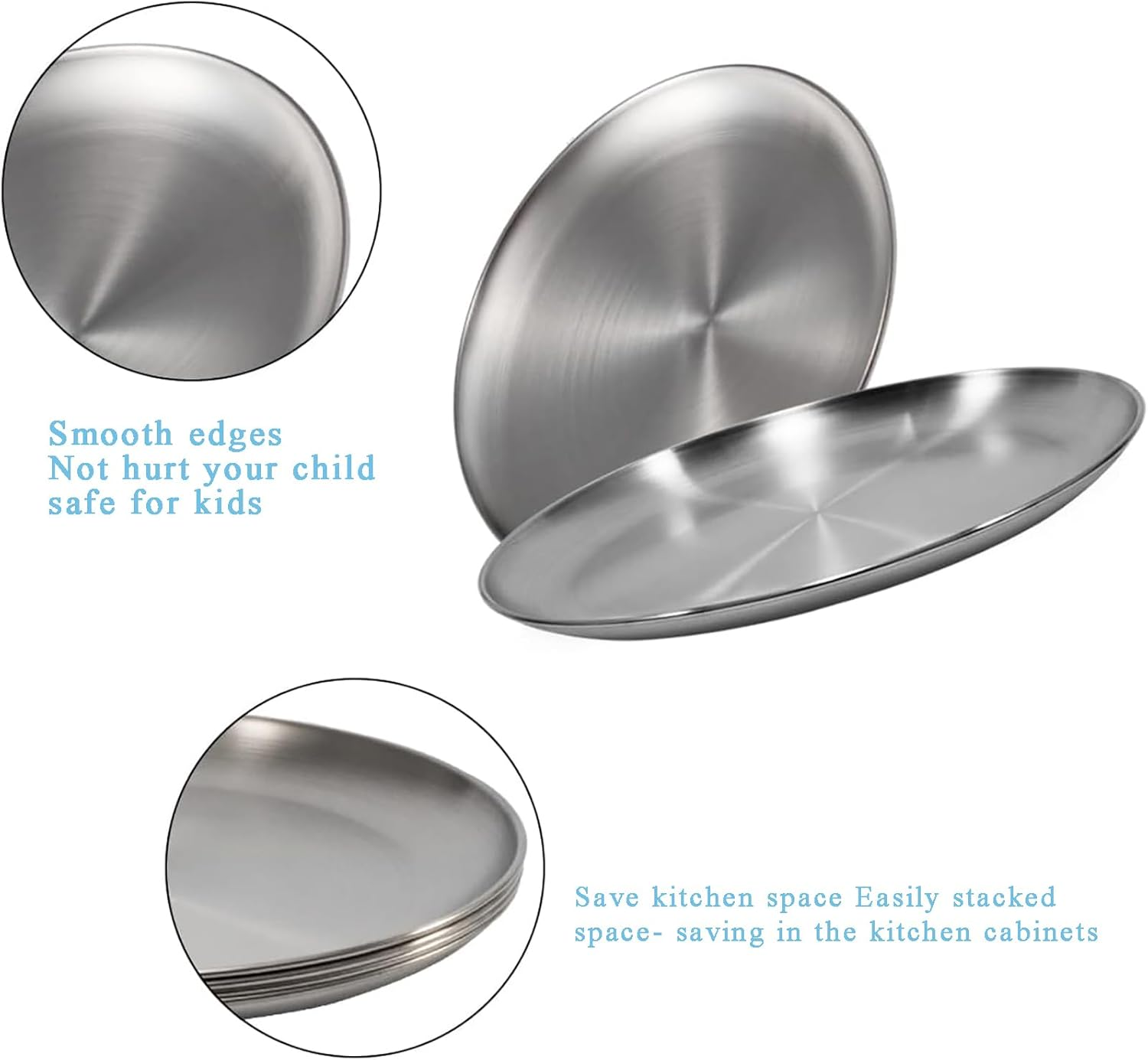Stainless Steel Plates 7.8 Inch 304 Metal Lightweight Unbreakable Dinner Dishes Plates Set Non-Toxin Dishwasher Safe BPA Free and Healthy (4 Pcs)