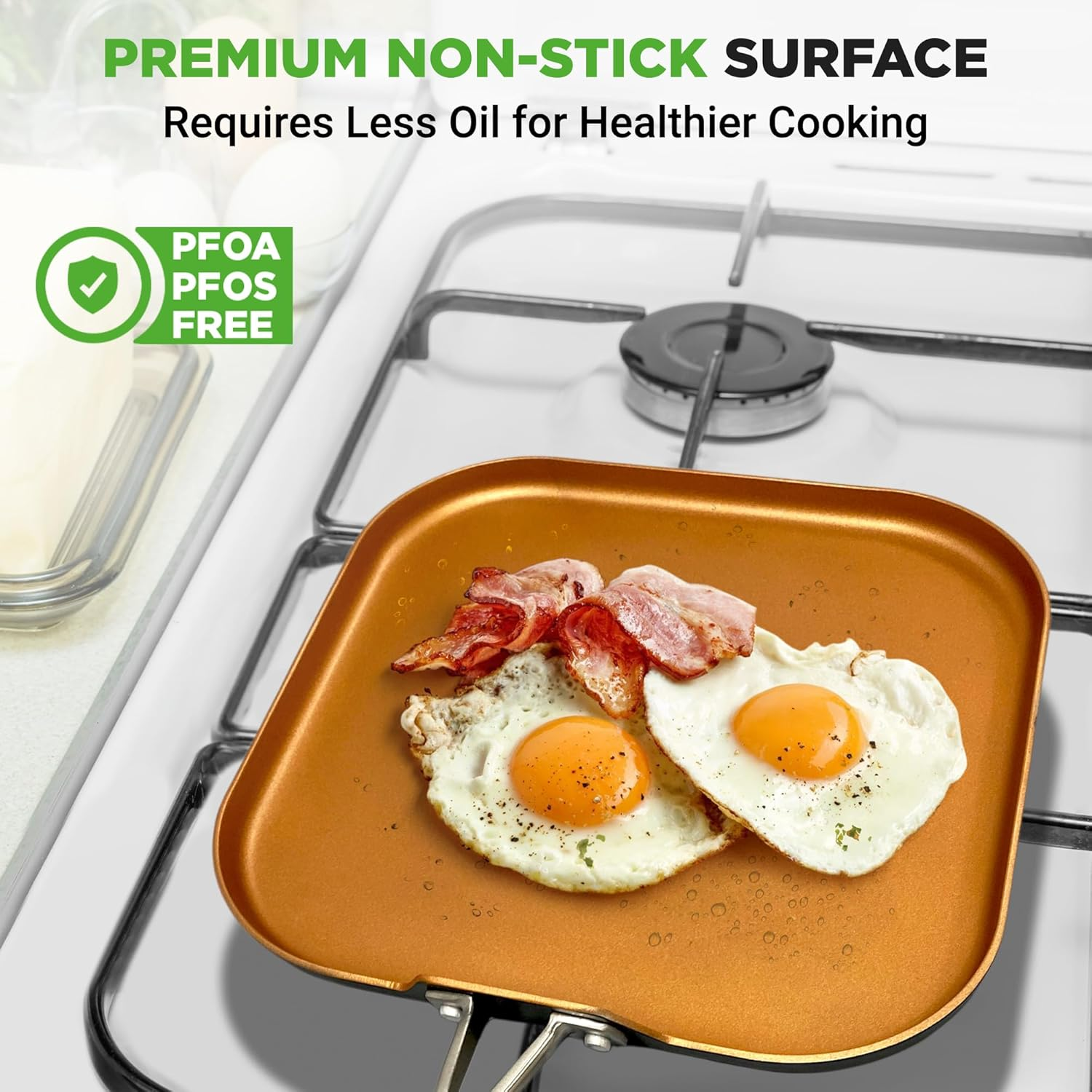 Nutrichef Nonstick Kitchen Cookware Set Copper Non-Stick Coating Inside, Hard-Anodized Look Heat Resistant Lacquer Outside, Silicone Handle NCSQPA, 1 Griddle image number 5