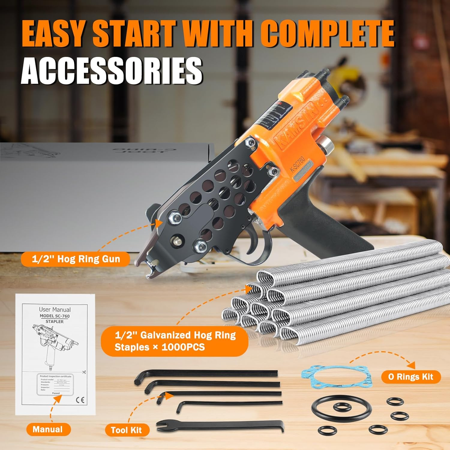 Kamsin K-SC760 16 Gauge Pneumatic Hog Ring Gun Kit &ndash; 12.5Mm C Ring Stapler with 1000PCS Staples (3.0-4.8Mm Closure) &ndash; Air Powered for Wire Cages, Fencing, Animal Traps image number 6