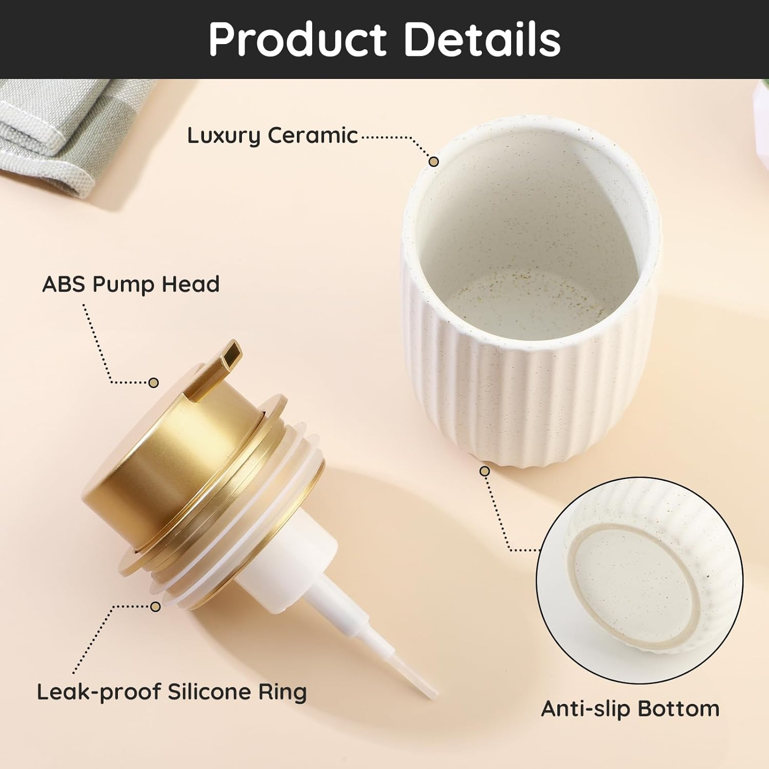 Segbeauty Foaming Soap Dispenser, 320Ml Hand Soap Dispenser Ceramic, Refillable Pump Bottle Dispenser, Foaming Hand Wash Dispenser with Gold Plastic Pump, for Kitchen Decor (White) image number 3