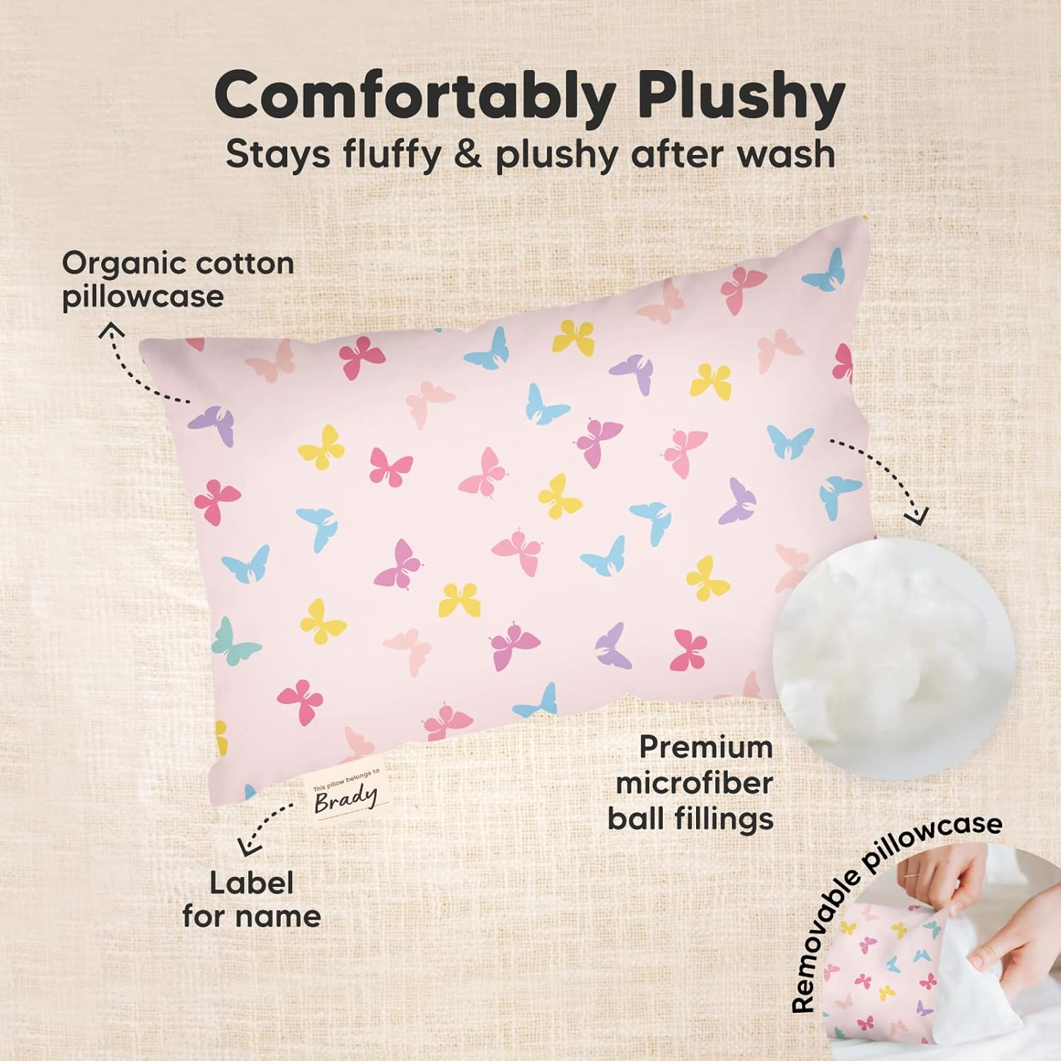 Mini Toddler Pillow with Pillowcase - 23X33 My Little Dreamy Mini Pillow, Organic Cotton Kids Pillows for Sleeping, Toddler Travel Pillow for Kid, Nursery Pillows, Small Pillow for Children (Flutter) image number 7