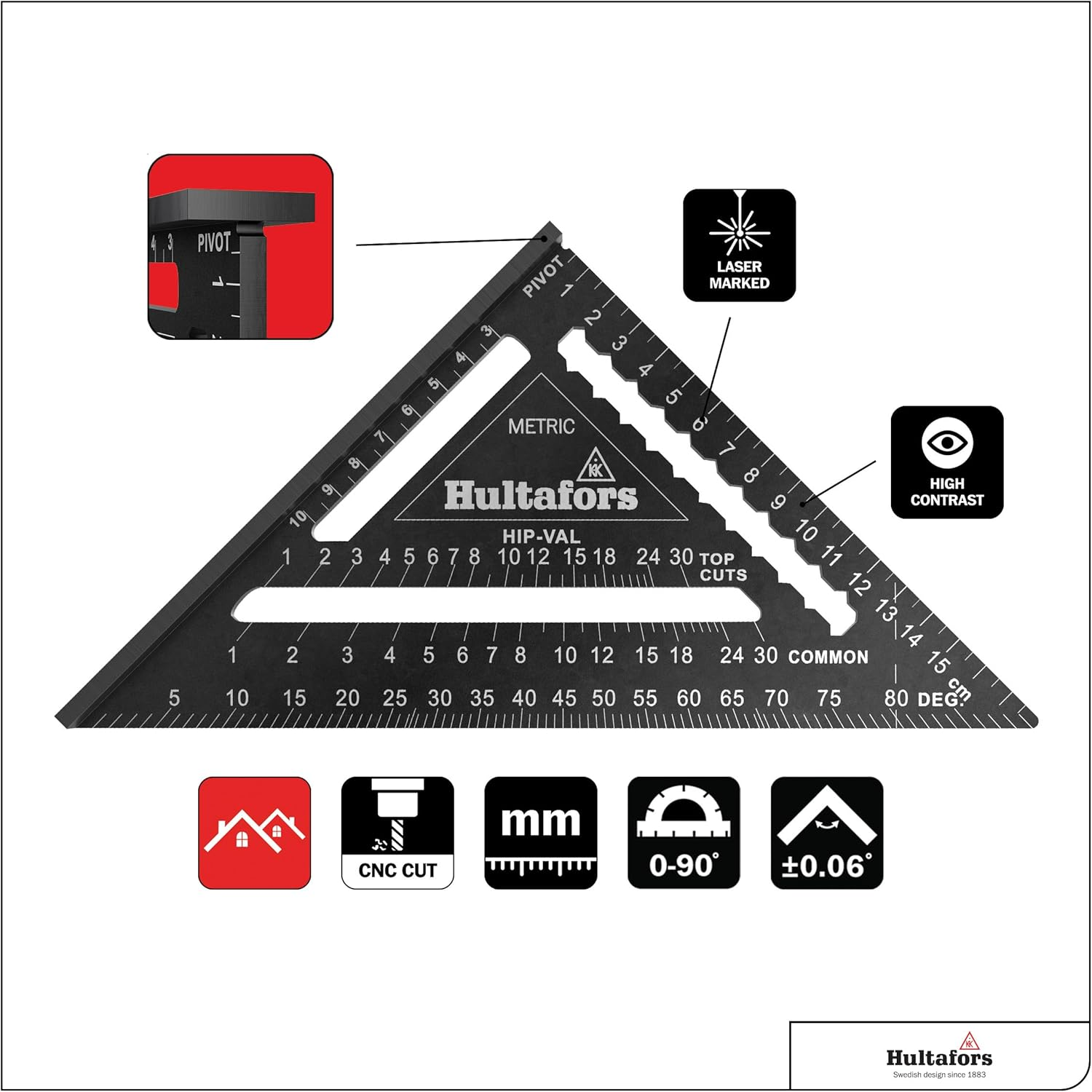 5-In-1 Stop Triangle 180 Mm I Hultafors I Carpenter'S Square CNC Milled Aluminium I Carpenter'S Square for Marking, Measuring & Drawing I Includes Conversion Chart I 257010