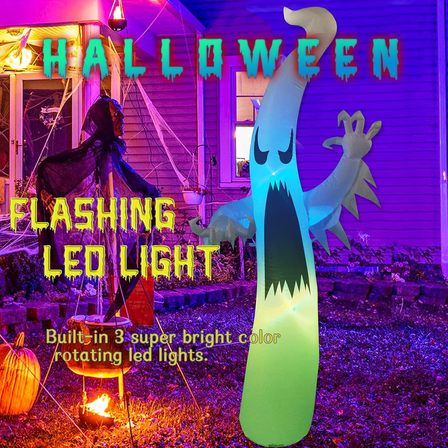 11.8 Feet Halloween Inflatables Ghost Outdoor Decorations, Halloween Blow up Yard Decoration with Colorful Changing Led Lights for Halloween Indoor Outdoor Yard Lawn Garden Party Decor image number 6