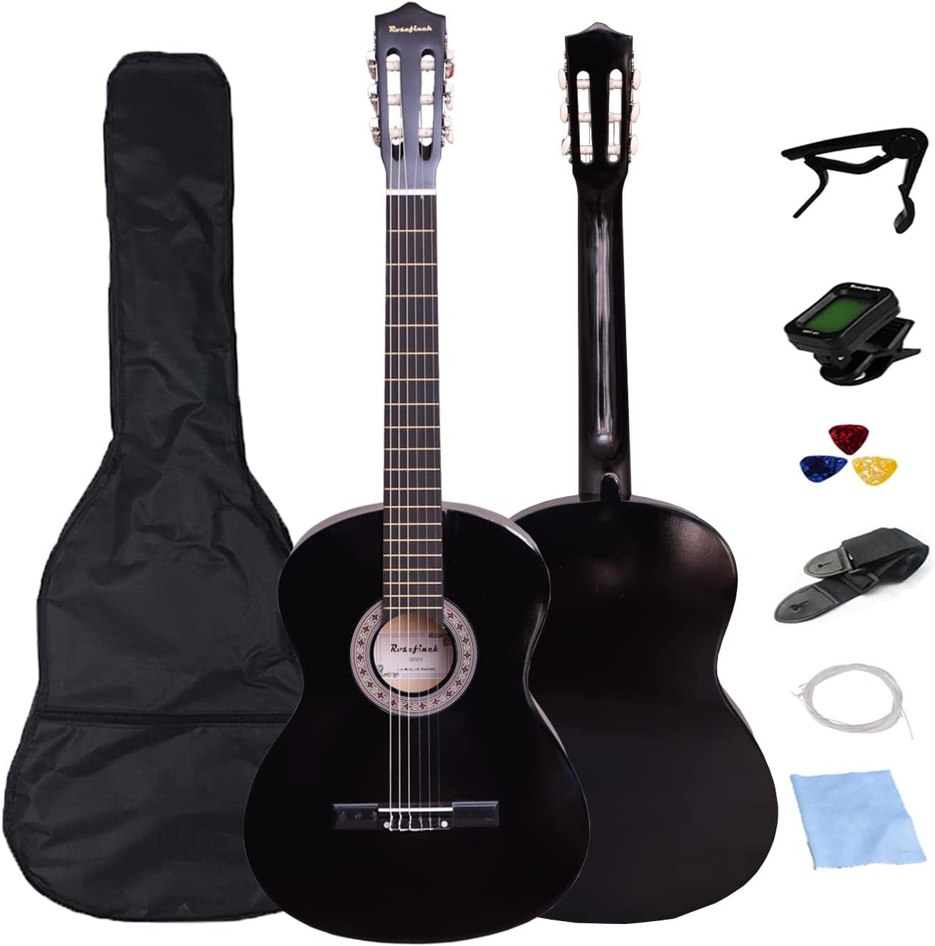 30 Inch Classical Guitar Kits for Beginner Kids & Adults Rosefinch 6-String Acoustic Guitar with Bag Capo Strap Picks Tuner Nylon String (Black)