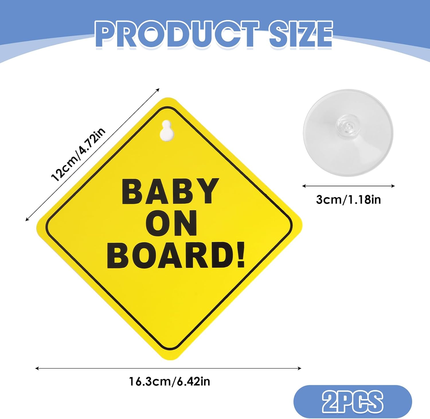 Baby on Board Car Stickers - 2Pc Reusable Safety Decals with Strong Suction Cups - 5"X5" High-Visibility Car Signs - Weatherproof & Removable for Child Safety (Yellow) image number 3