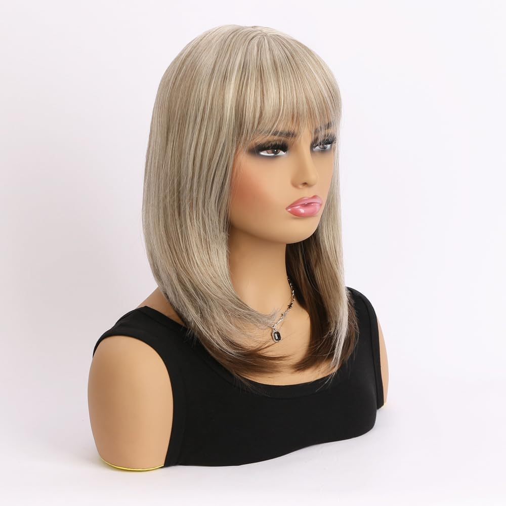 AUBWIG Blonde Mixed Brown Bob Wig with Fringe, 15 Inches, Natural Short Straight Wigs for Women, Medium Length Bob Hair, Synthetic Wigs for Daily Use (Blonde Mixed Brown) image number 4