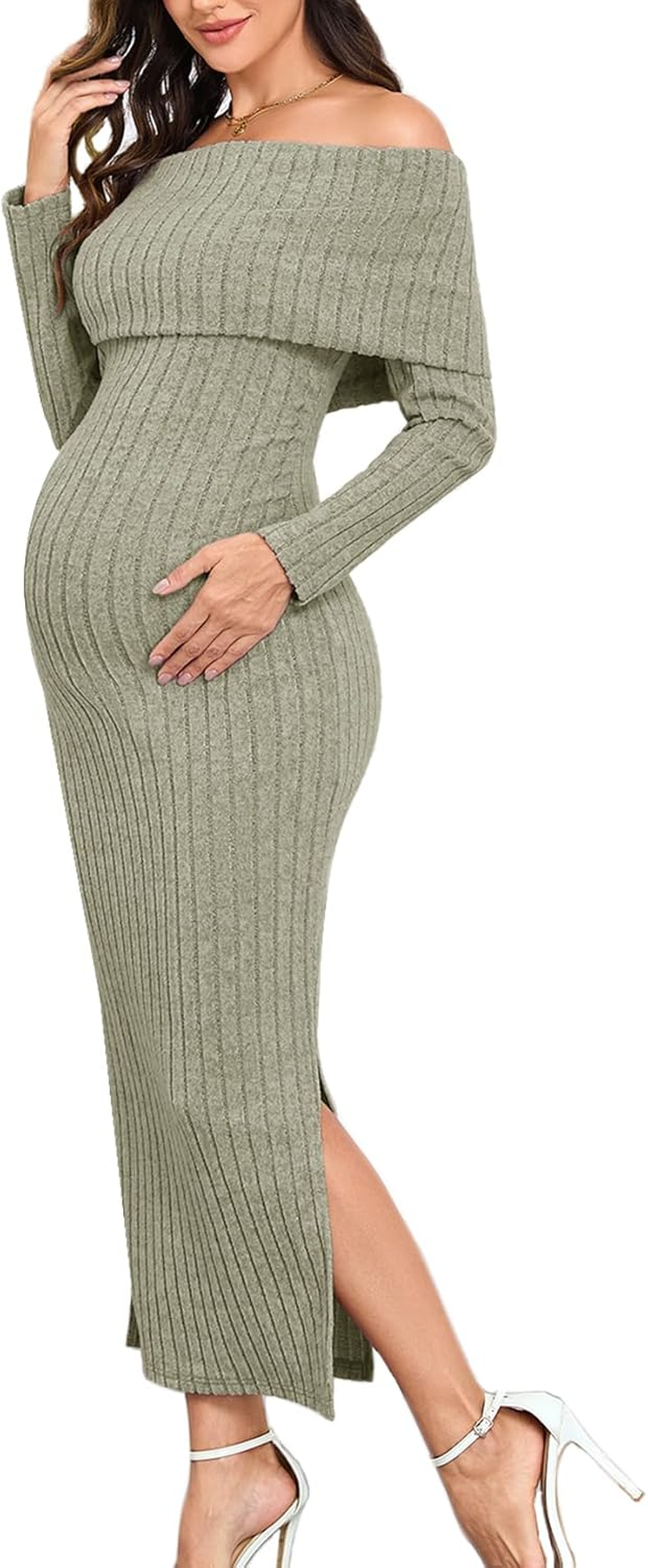Maternity Sweater Dress off the Shoulder Rib Knit Long Sleeve Dresses with Side Slit for Pregnancy Baby Shower