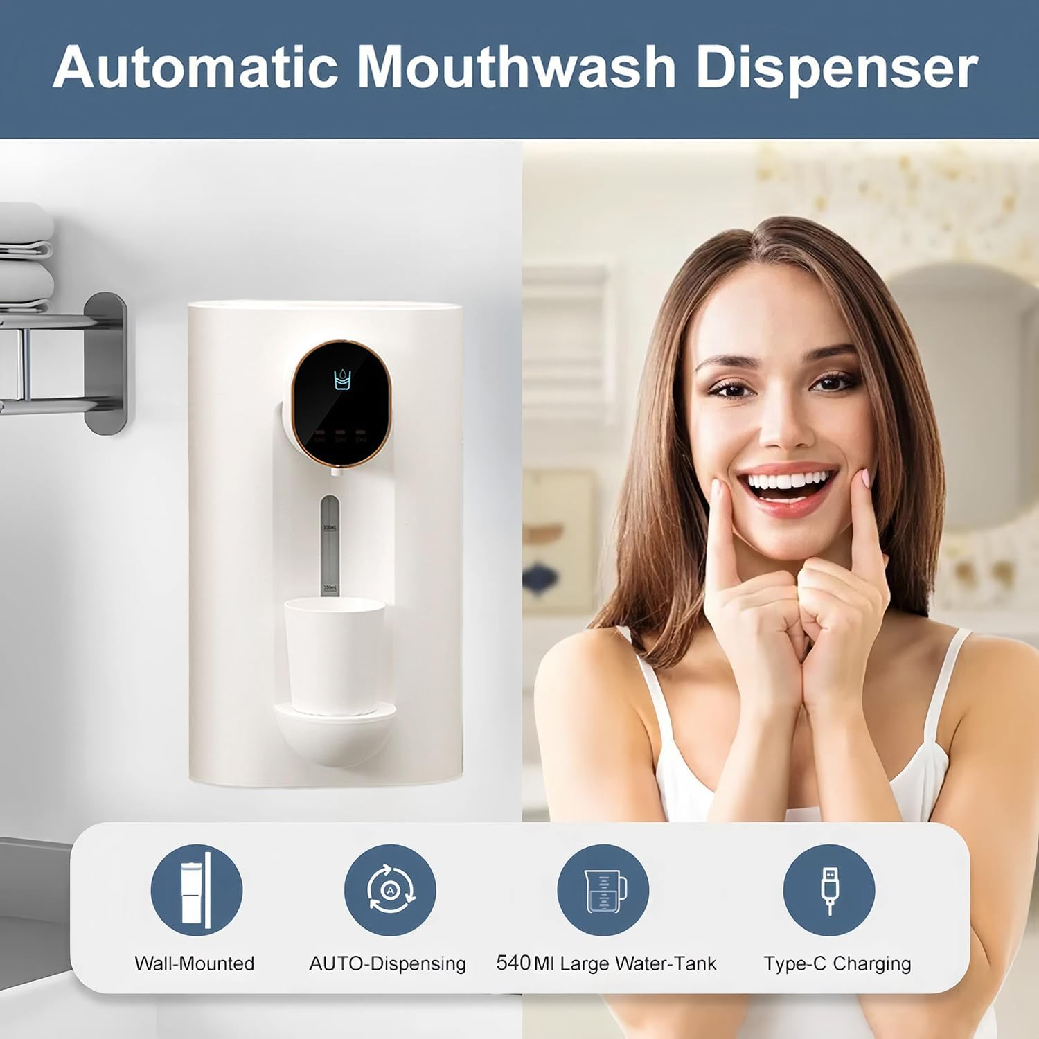 Mouthwash Dispenser, Automatic Touchless Mouthwash Dispenser for Bathroom, 3-Mode Adjustable, 540Ml Mouth Wash Dispenser with 2 Magnetic Cups, Wall Mounted, White