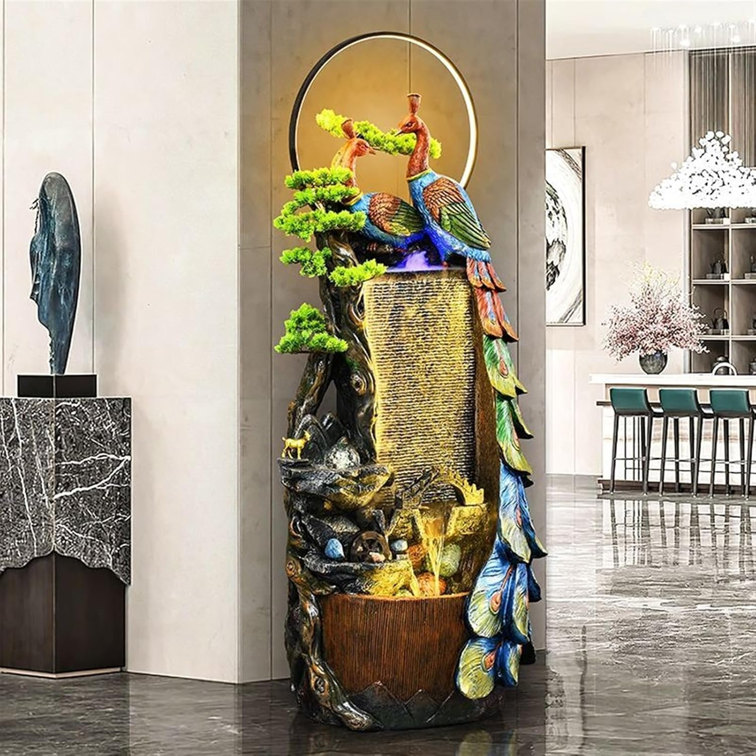 Outdoor Fountain Peacock Entrance Ornament, Large Fountain for Living Room, Resin Indoor with LED Lights, Suitable For, Balcony, Courtyard(63 * 46 * 157Cm)