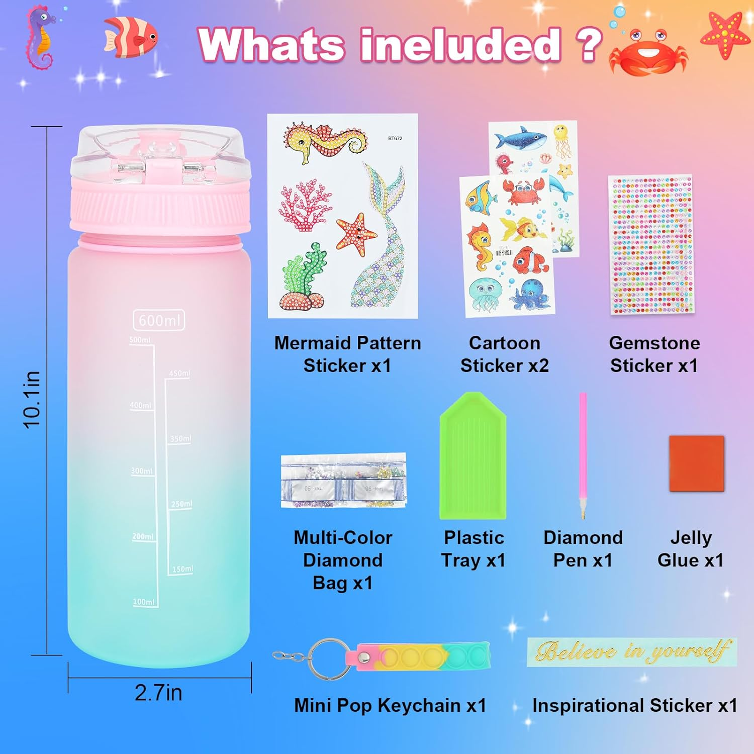 Decorate Your Own Water Bottle Kits for Girls - Gem Diamond Painting Arts and Crafts Toys Gifts for 4+ Year Old Girls Kids Birthday (Multicolor Mermaid) image number 4
