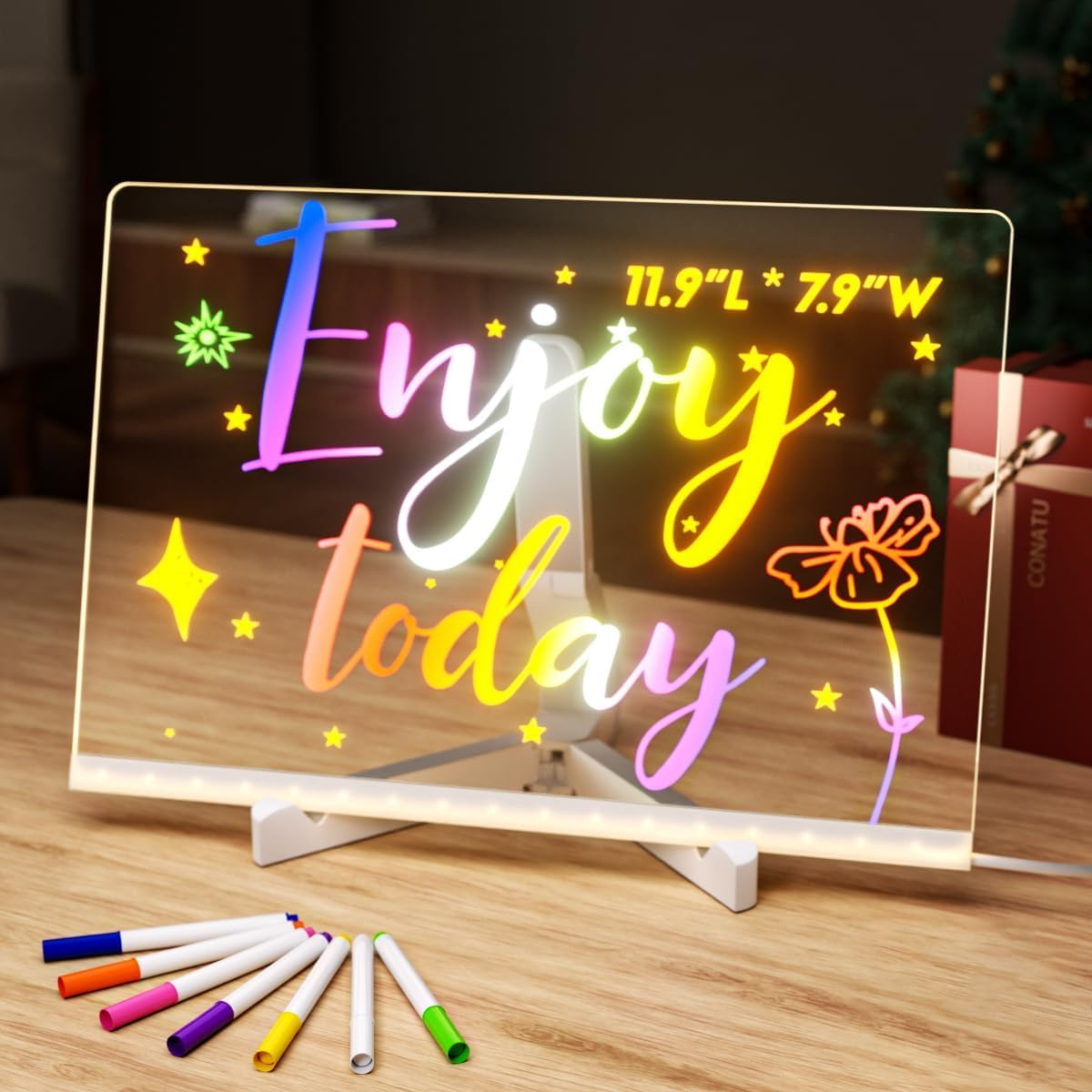 Afeamo LED Note Board with 7 Colors Pen, 2025 Upgrade Glowing Acrylic Message Marker Board with Light, Acrylic Dry Erase Board Light up Dry Erase Board with Stand as a Glow Memo Office Home (15*15 Cm) image number 2