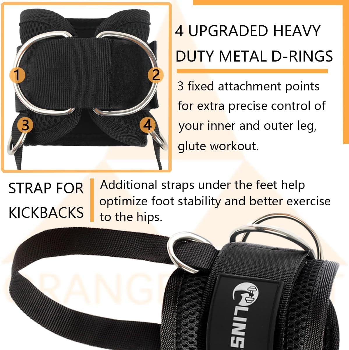 LINSTER Foot Straps Cable Pull for Pulley Fitness with Fixed Rope, Kickbacks Foot Strap with 4 D-Rings and Neoprene, (Pack of 2) Ankle Straps for Women and Men Glutes and Leg Training image number 3