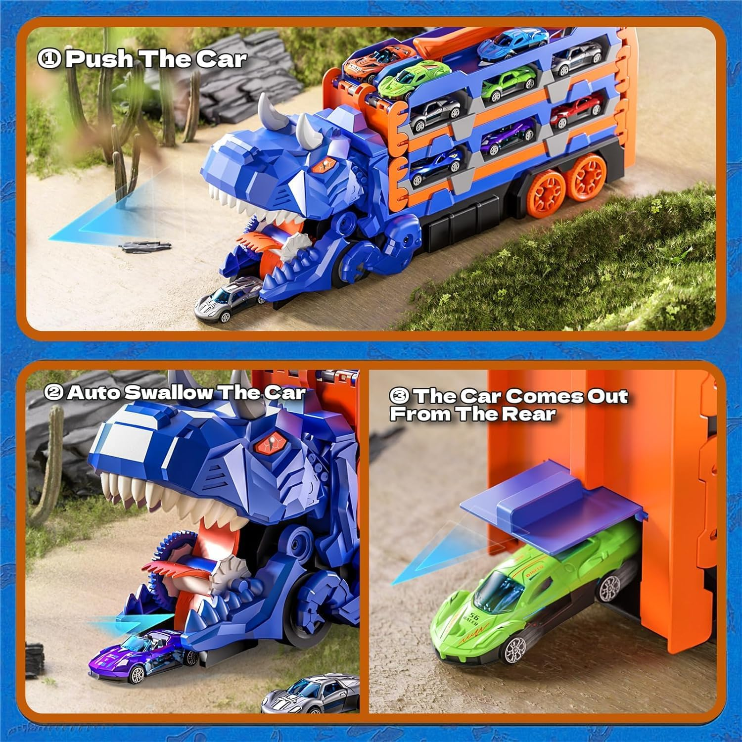 Toddler Car Truck Toys Gifts for 3 4 5 Years Old Boys, Toy Cars Track Set Dinosaur Transport Truck with 12 Pcs Die-Cast Cars Toys, Transforms into Dino, Toy Gifts for 3 4 5 6 Year Old Boys image number 6