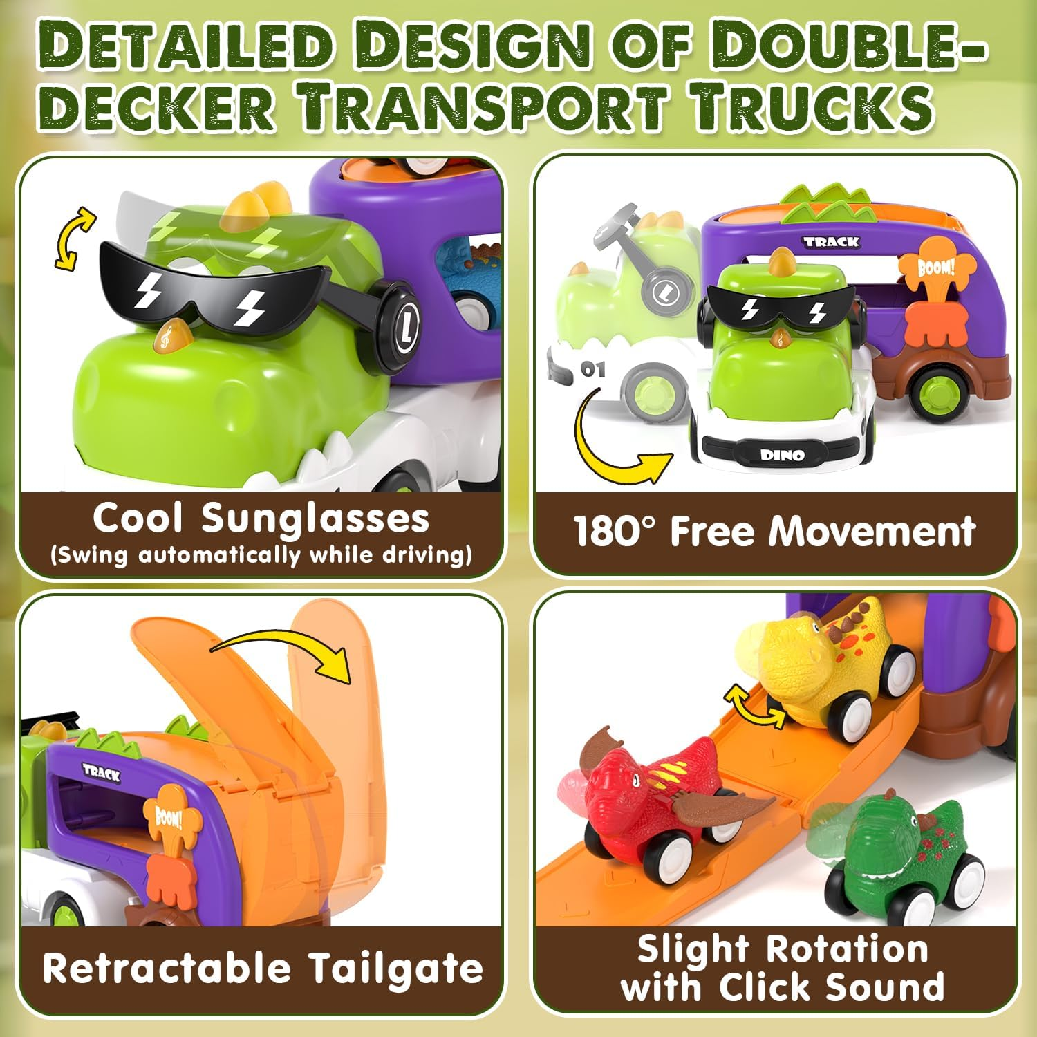 Lehoo Castle Dinosaur Toys for 2 Year Old Boys, 2 Year Old Boy Gifts, Monster Truck Toy Cars, 5 in 1 Friction Power Transport Vehicle Toys with Light and Sound 4 Pull Back Cars image number 3