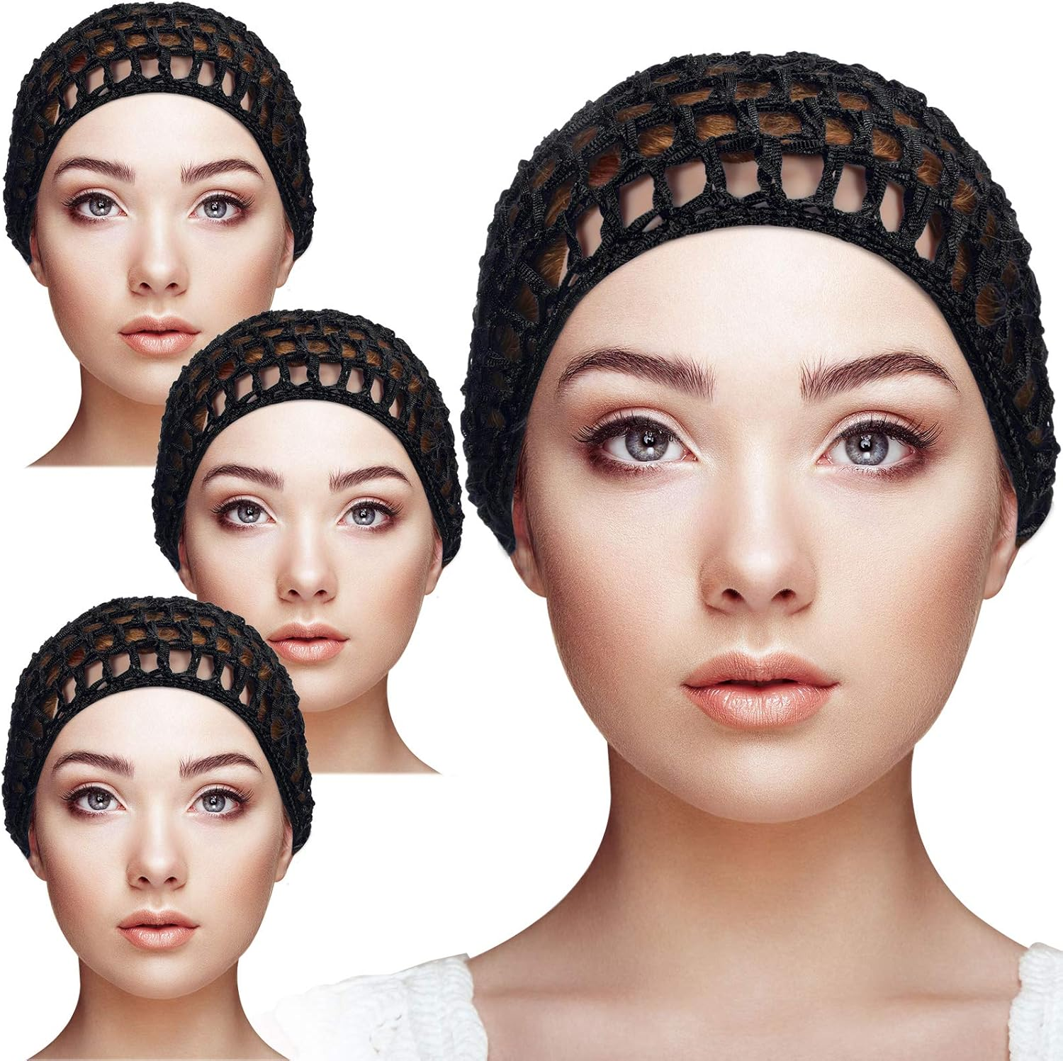 Geyoga 4 Pieces Mesh Crochet Hair Net Rayon Knit Snood Hat Thick Short Women Hairnet Snoods Cover Ornament for Sleeping (Black)