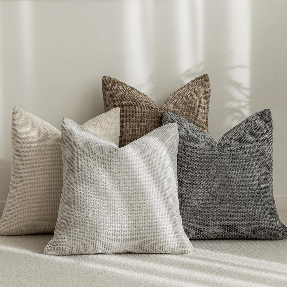 LANANAS Neutral Decorative Throw Pillow Covers 18X18 Inch for Living Room Couch Bed Sofa Farmhouse Boho Home Decor Set of 4 Soft Corduroy Accent Luxury Cushion Cases (18X18, Neutral)