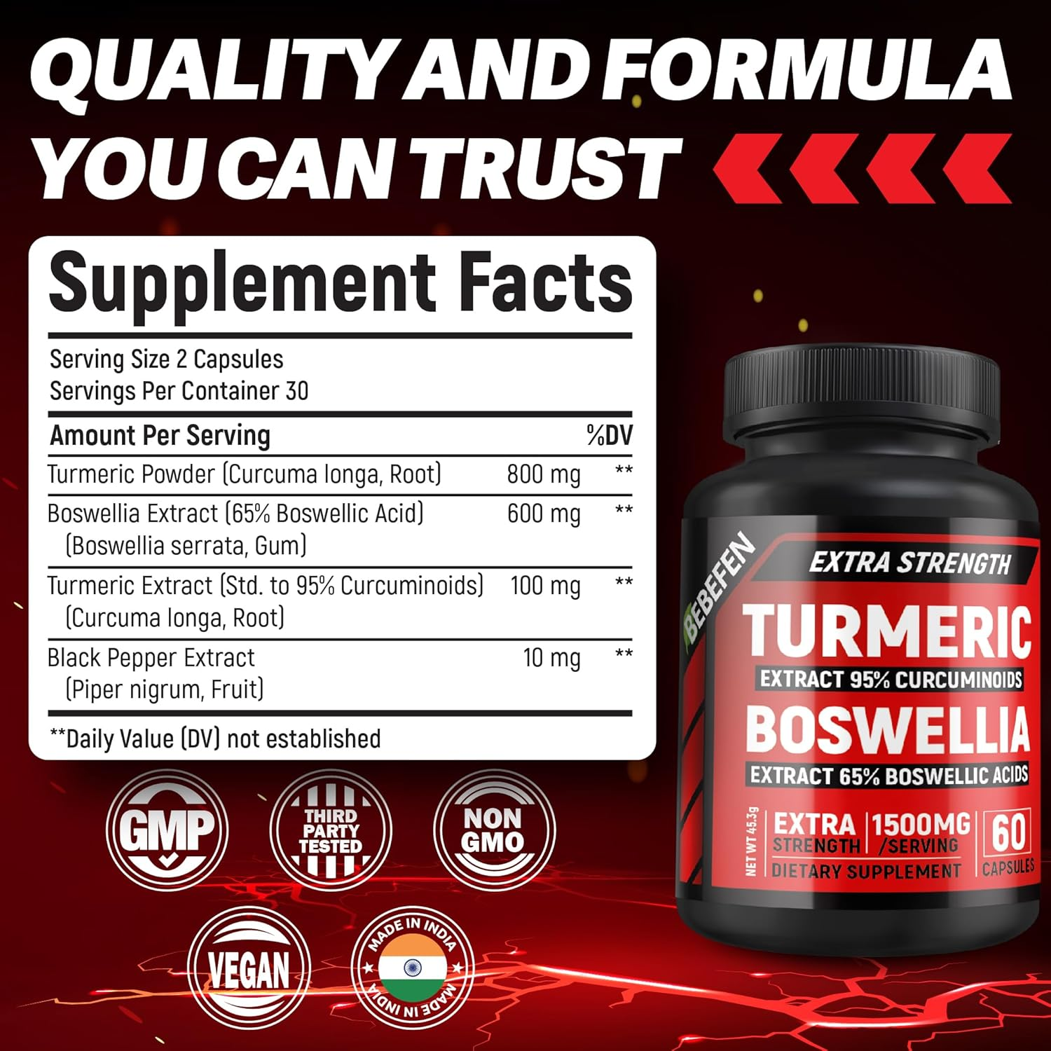 Turmeric Boswellia Extract Supplement - Extra Strength Boswellia Serrata with Turmeric Curcumin - 95% Curcuminoids and 65% Boswellic Acid - Vegan Pills - 60 Tumeric Caps image number 3