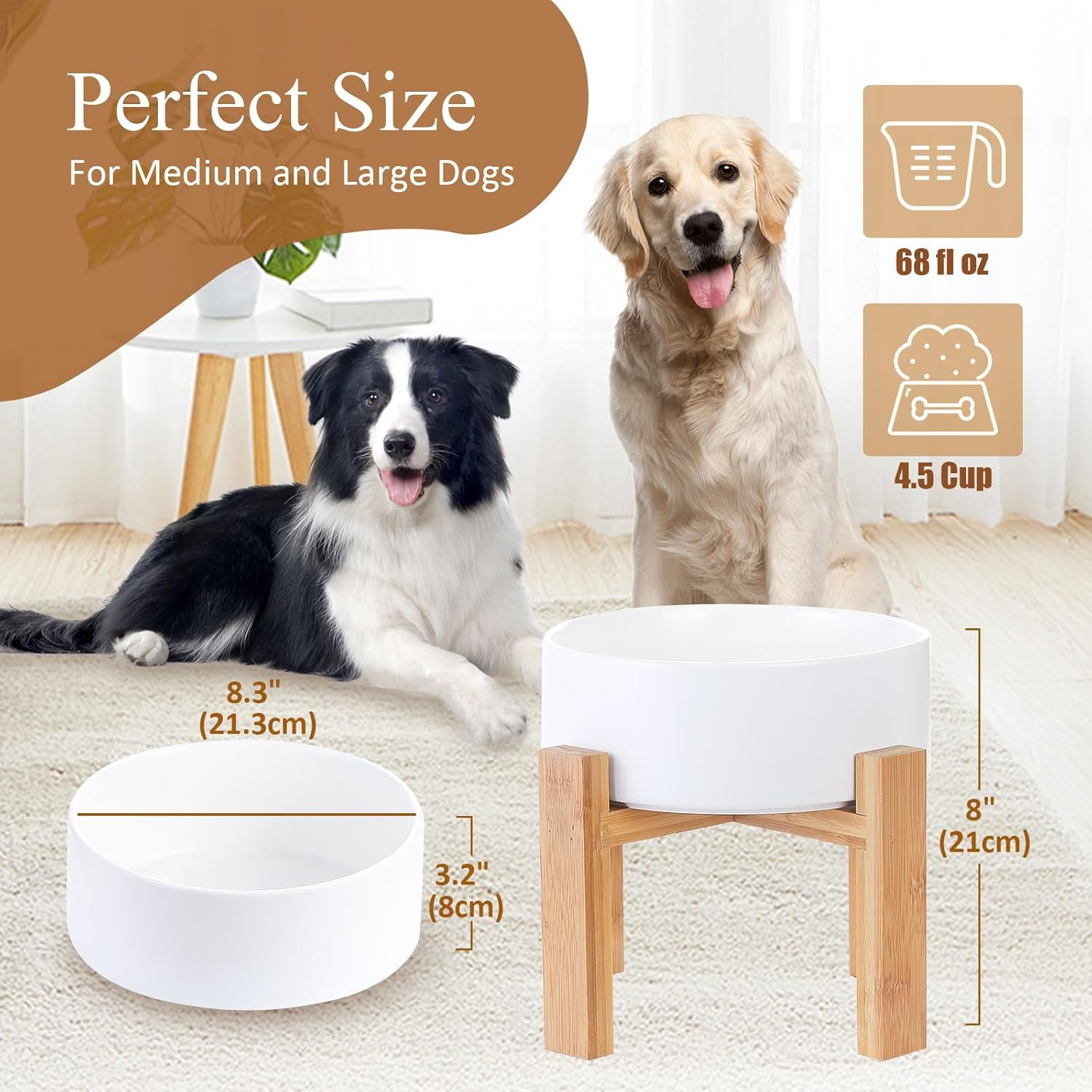 Raised Ceramic Large Dog Bowl - Heavy Weighted Dog Dish with Bamboo Stand - Elevated for Comfortable Feeding - 8.3" W X 8" H - 4.5 Cups (68 Fl Oz) - White