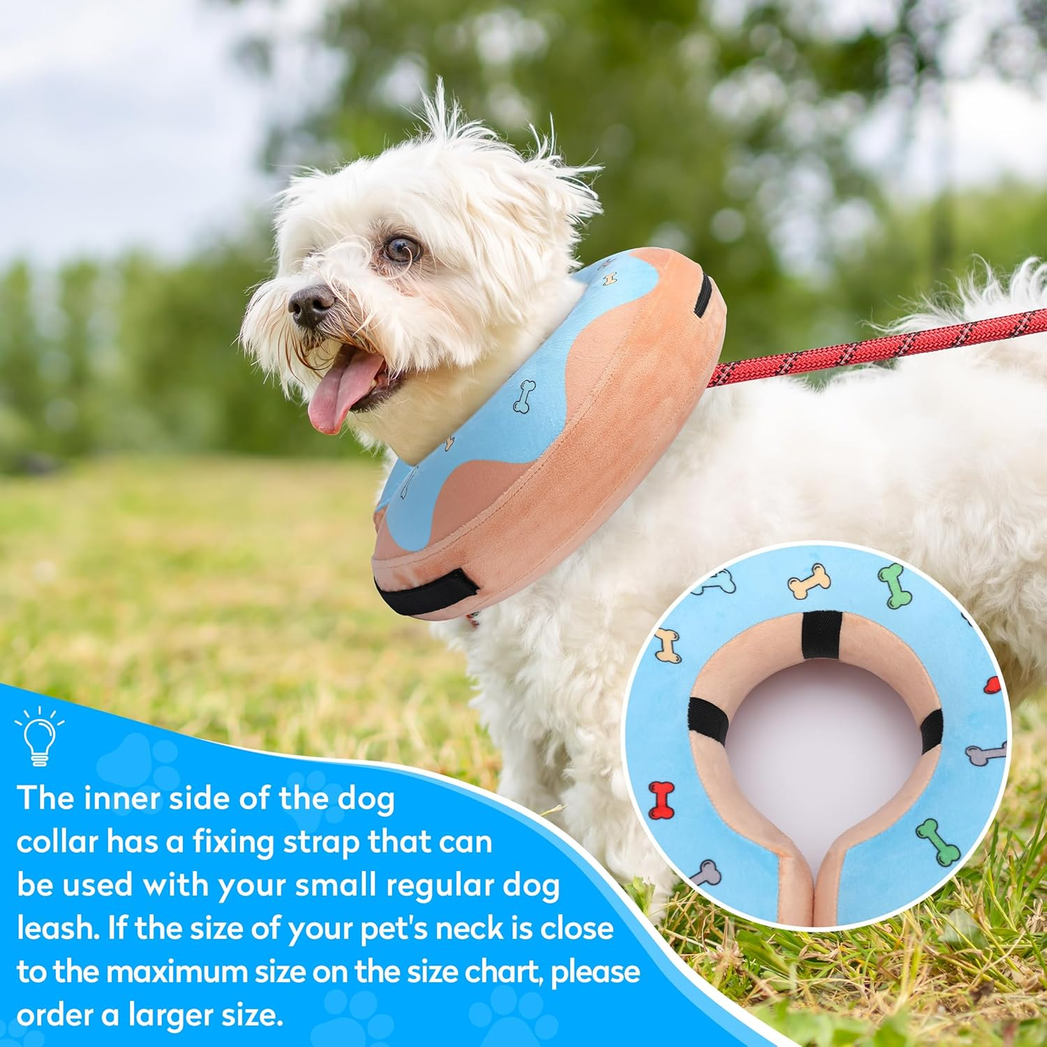 Inflatable Recovery Dog Cone, Protection Dount Collar for Small Medium Large Dogs, Adjustable Soft E-Collar for Dogs and Cats after Surgery, Cute Dog Bone Pattern (Blue, Small) image number 3