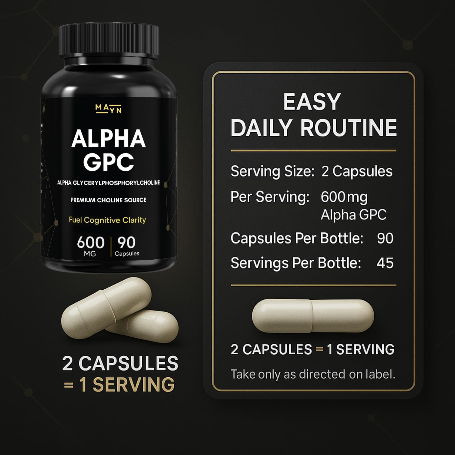 Alpha GPC 600Mg &ndash; Premium Choline Source | 90 Capsules | High-Purity Alpha Glycerylphosphorylcholine Formula | Non-Gmo, Gluten-Free Dietary Supplement by MAYN image number 2