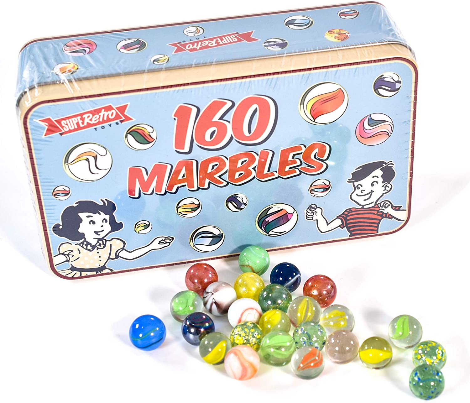160 Traditional Assorted Colourful Classic Retro Glass Marbles in a Tin Kids Game image number 3